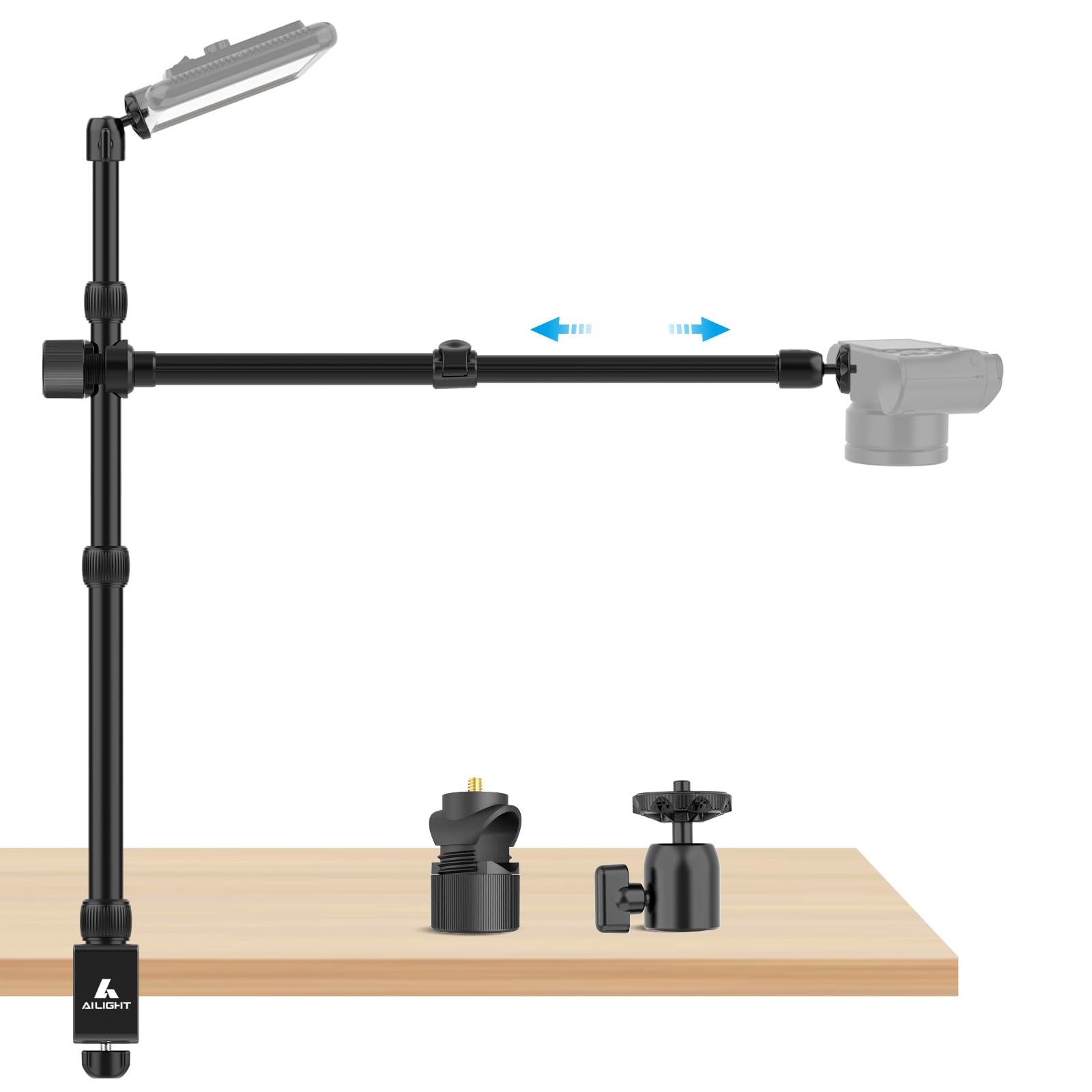 Ailight Overhead Camera Mount Desk Stand, 15.75"-33.45" Webcam Mount With 2-Section Adjustable Telescopic Boom Arm, C Clamp/Swiveling Ball Head For Dslr Camera, Phone, Ring Light, Webcam