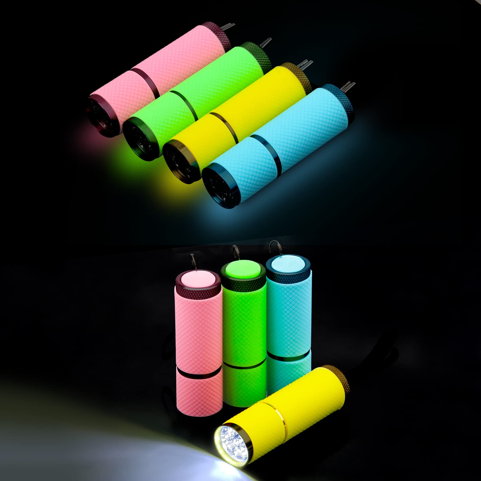 Ahier 9 Led Glow In Dark Flashlights, 12 Pack Rubber Coated Flashlights With Straps, Portable Handy Lights For Camping, Hiking, Indoor, Assorted Colors (Green+Blue+Pink+Yellow)