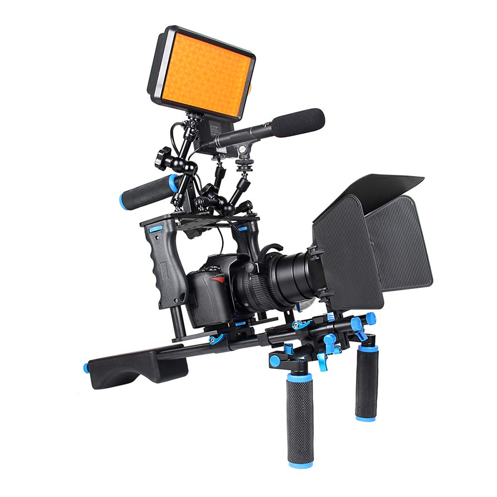 Fydun Shoulder Rig Stabilizer Kit, Aluminum Alloy Camera Stabilizer Cage With Top Handle Follow Focus Rods Shoulder Rig 1/4 3/8 Screw