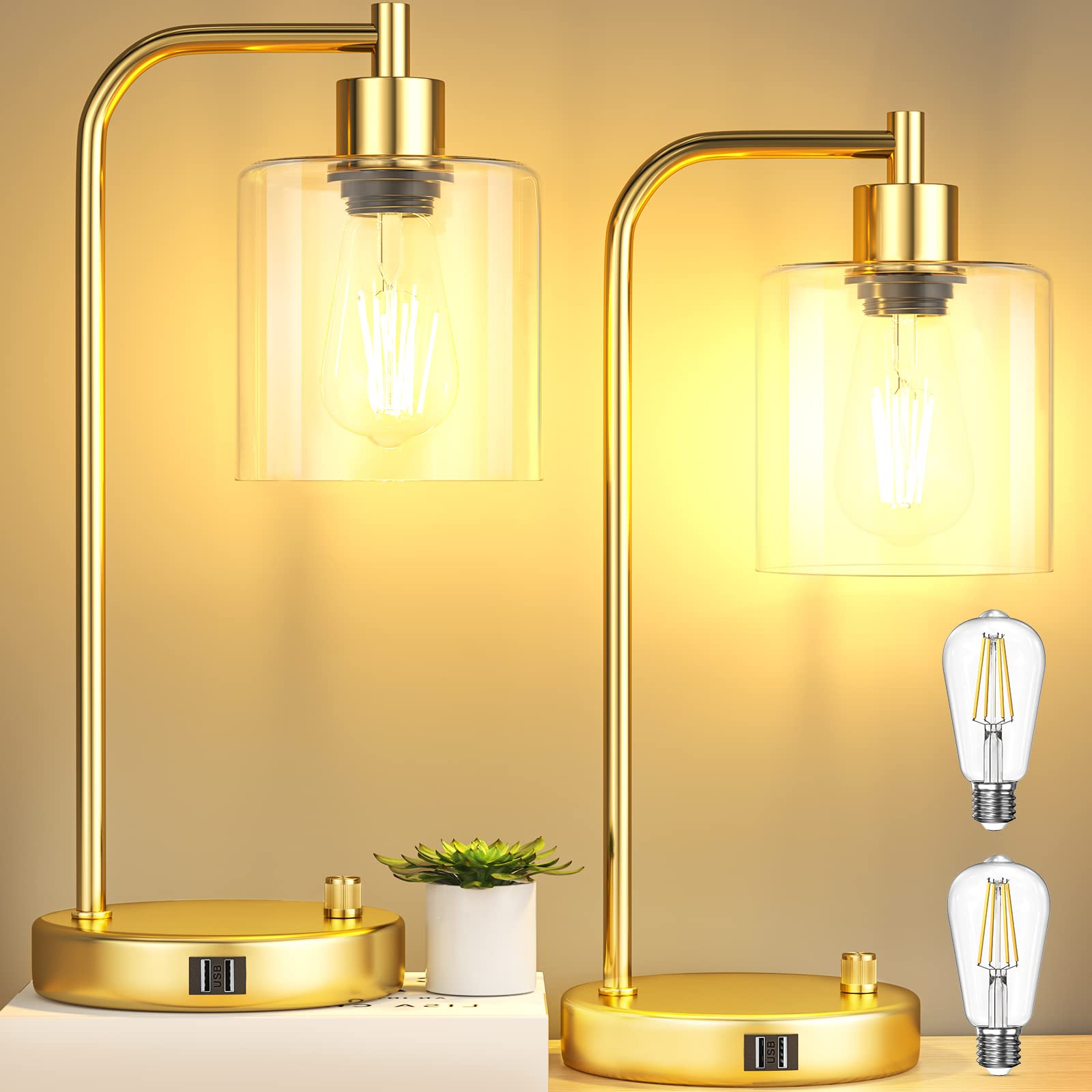 Cnxin 16.5" Gold Industrial Table Lamps For Bedrooms With 2 Usb Ports, Fully Stepless Dimmable Modern Nightstand Lamps Set 2, Small Lamps For Living Room Side Table, Bulbs Included
