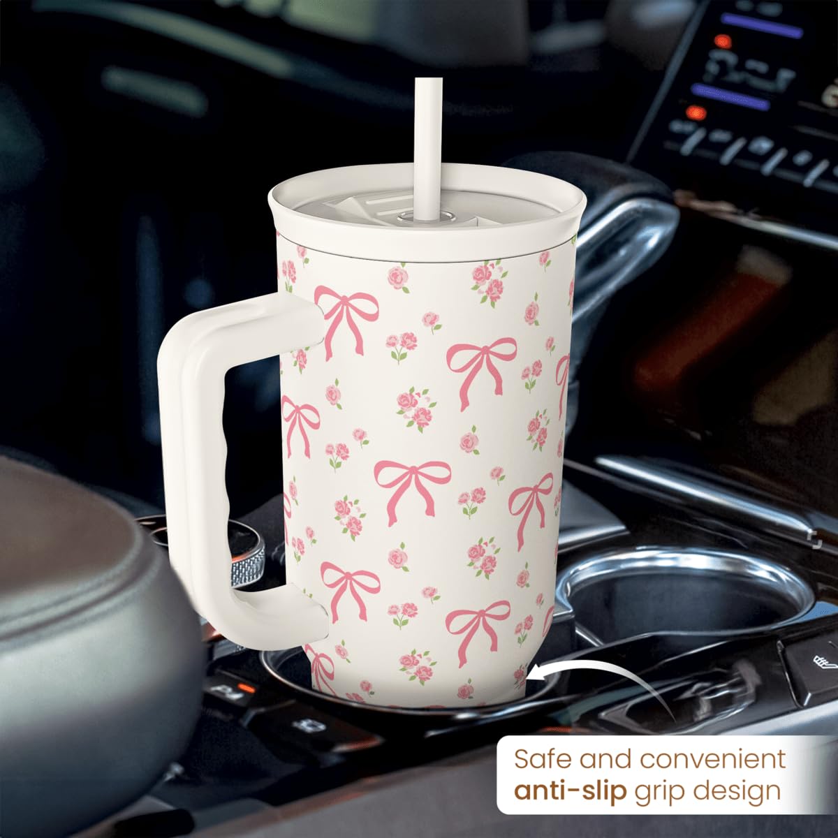 Sandjest Bow Tumbler With Handle 40Oz, Stainless Steel Insulated Tumblers Coffee Travel Cup