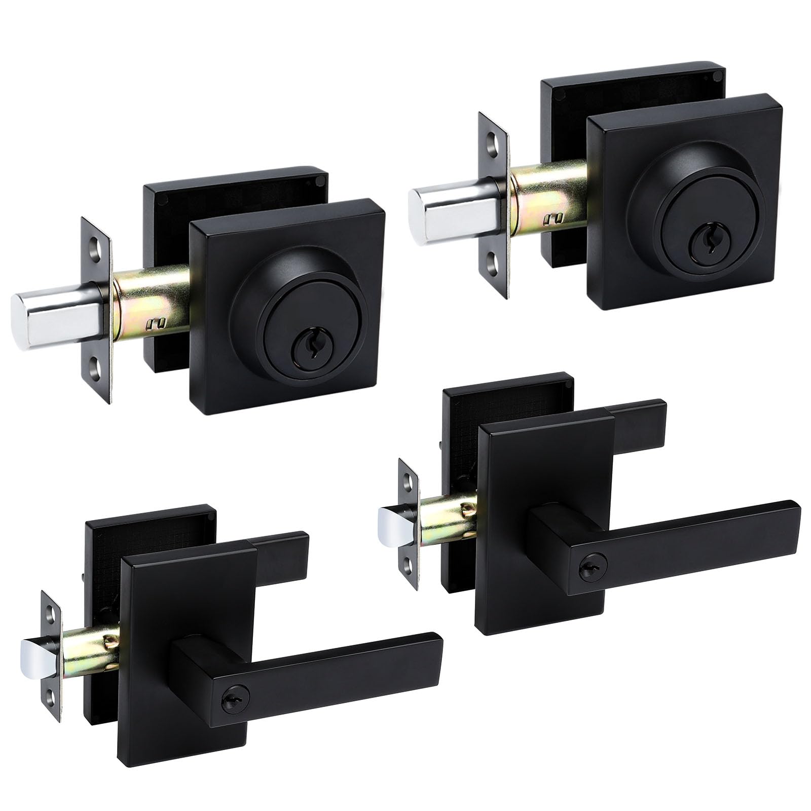 Goldenwarm 2 Pack Black Door Handle With Deadbolt, Square Contemporary Matte Black Exterior Door Lock Set With Deadbolt, Heavy Duty Zinc-Alloyed Front Entry Door Locksets With Deadbolt