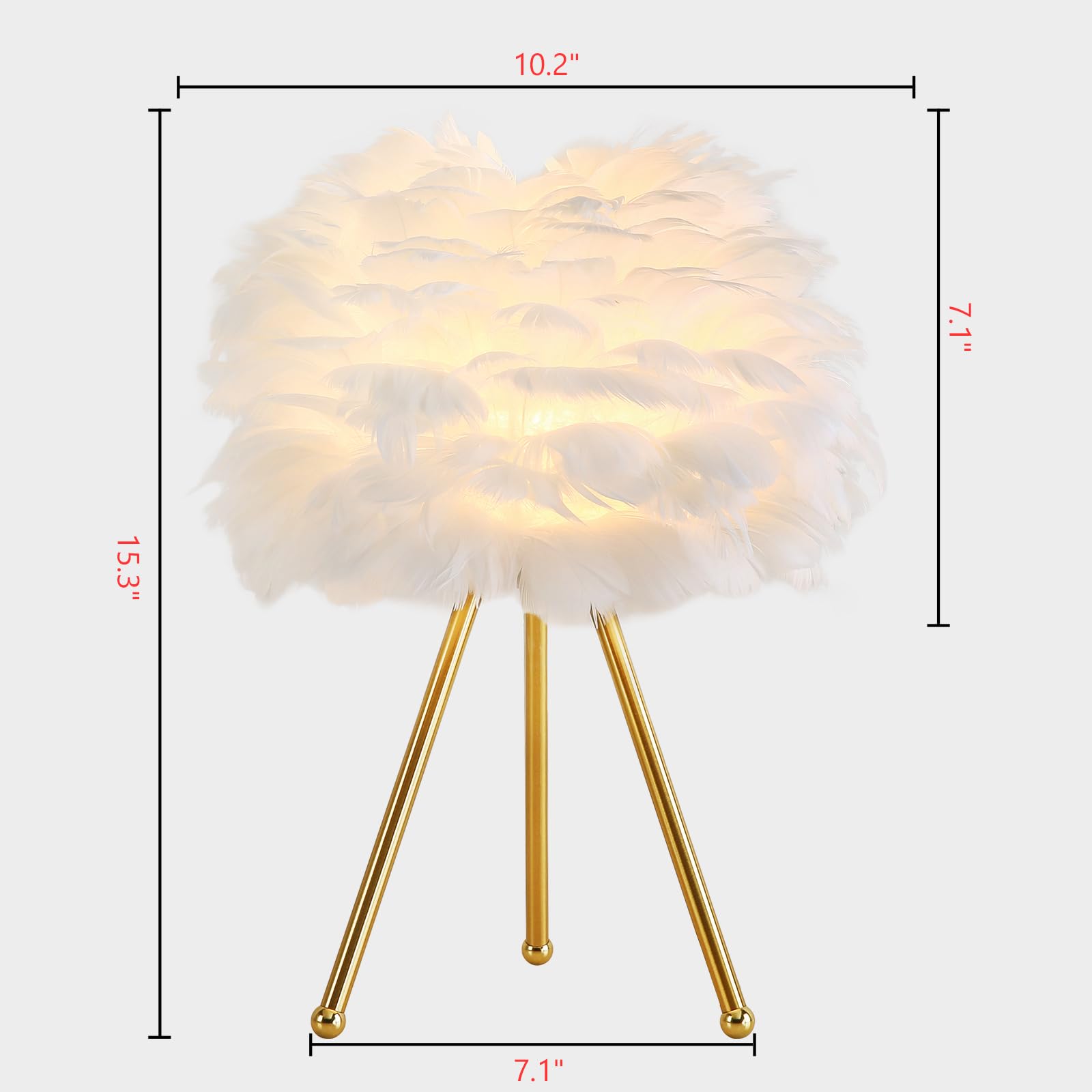 Capslpad Feather Tripod Table Lamp - 15.3" Modern White Bedside/Desk Lamp With Gold Finish For Living Room, Nursery, Kids, Bedroom, Girls Room Decor