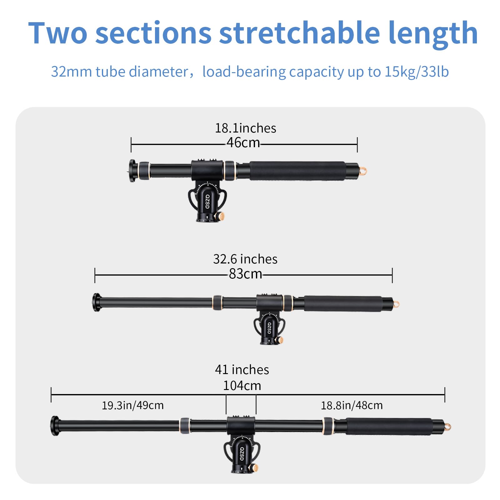 Qzsd 41" Aluminum Tripod Extension Arm Retractable Horizontal Center Column Arm With 1/4'' And 3/8'' Scerws, 360° Rotatable For Overhead, Multi-Angle Photography,Load Up To 33Lbs,Tripod Not Included