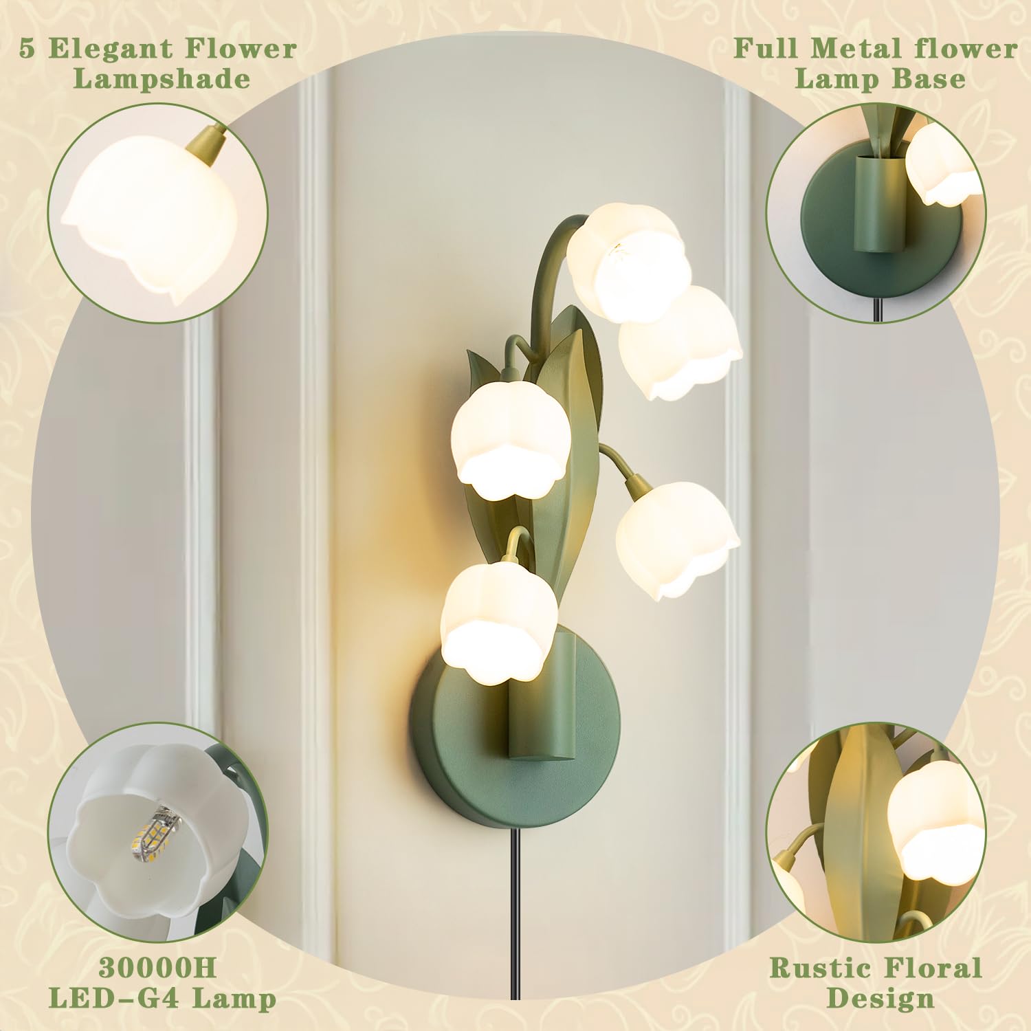 Werfop Vintage Flower Wall Sconce, Lily Of The Valley Plug In Wall Lamps For Bedroom 3 Color Modes Wall Mount Lighting Fixture With G4 Led Bulbs For Hallway,Living Room,Office