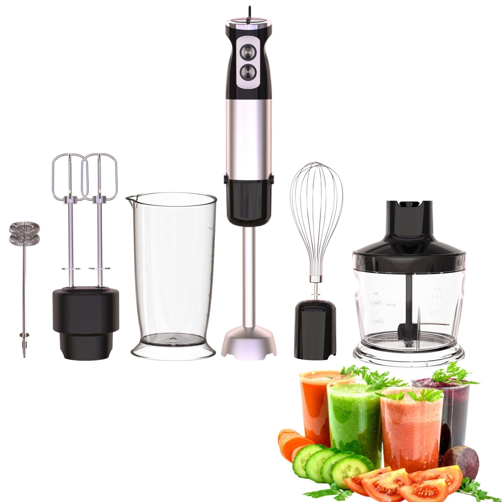 Govnpj Immersion Blender Handheld, 6 In 1Hand Blender 600W 12 Speed Mode Stainless Steel Hand Mixer With Stirring Stick Stranded Cup Egg Beater Measuring Cup Frother Double Egger