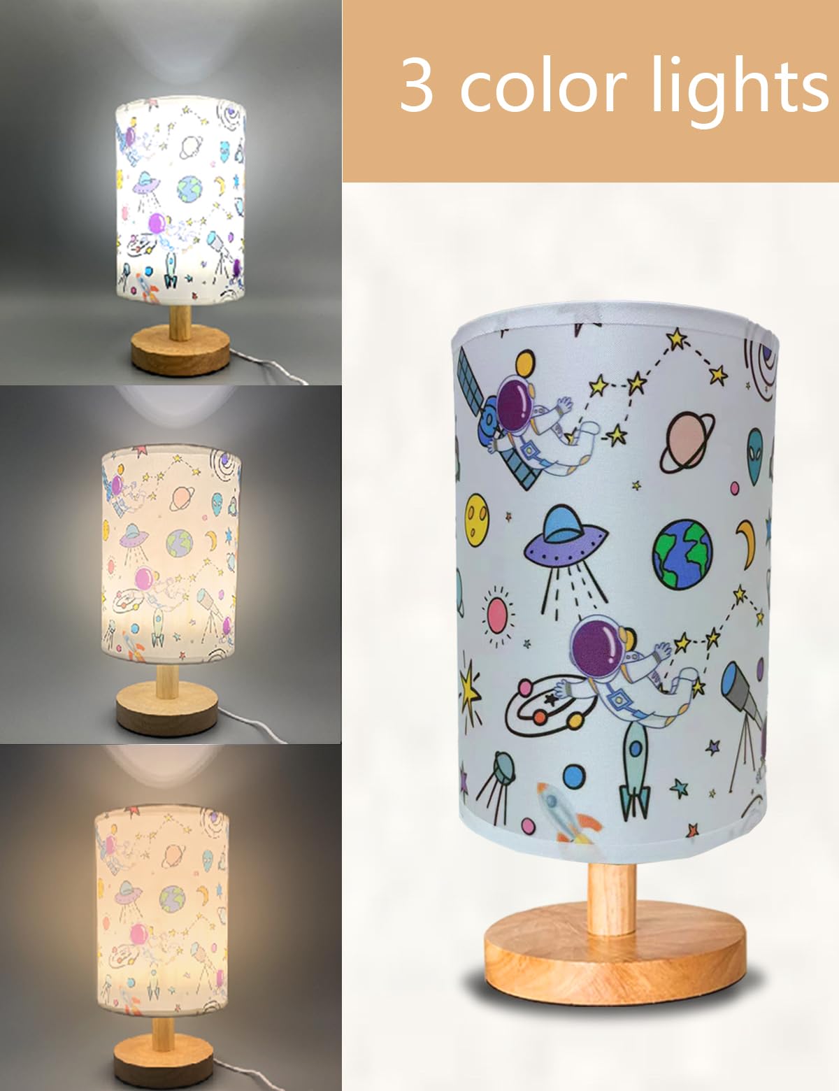 Gftdns Astronaut Kids Table Lamp, Astronauts Room Decor For Boys,3 Level Dimmable Wood Nightstand Desk Base Flaxen Fabric Shade For Bedroom Living Room,Astronauts For Boys