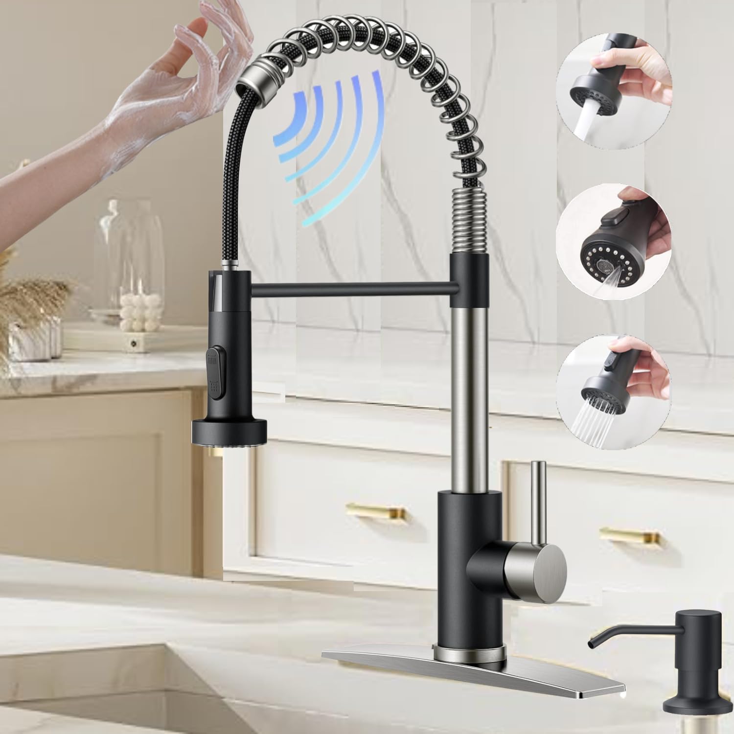 Videc Touch On Kitchen Faucet, 3 Modes Pull Down Sprayer,Touch On Sensor Activated,Ceramic Disc Valve, 360-Degree Rotation,1 Or 3 Hole Deck Plate. 20-Year . (Kw-62Nr,Brushed Nickel/Black)