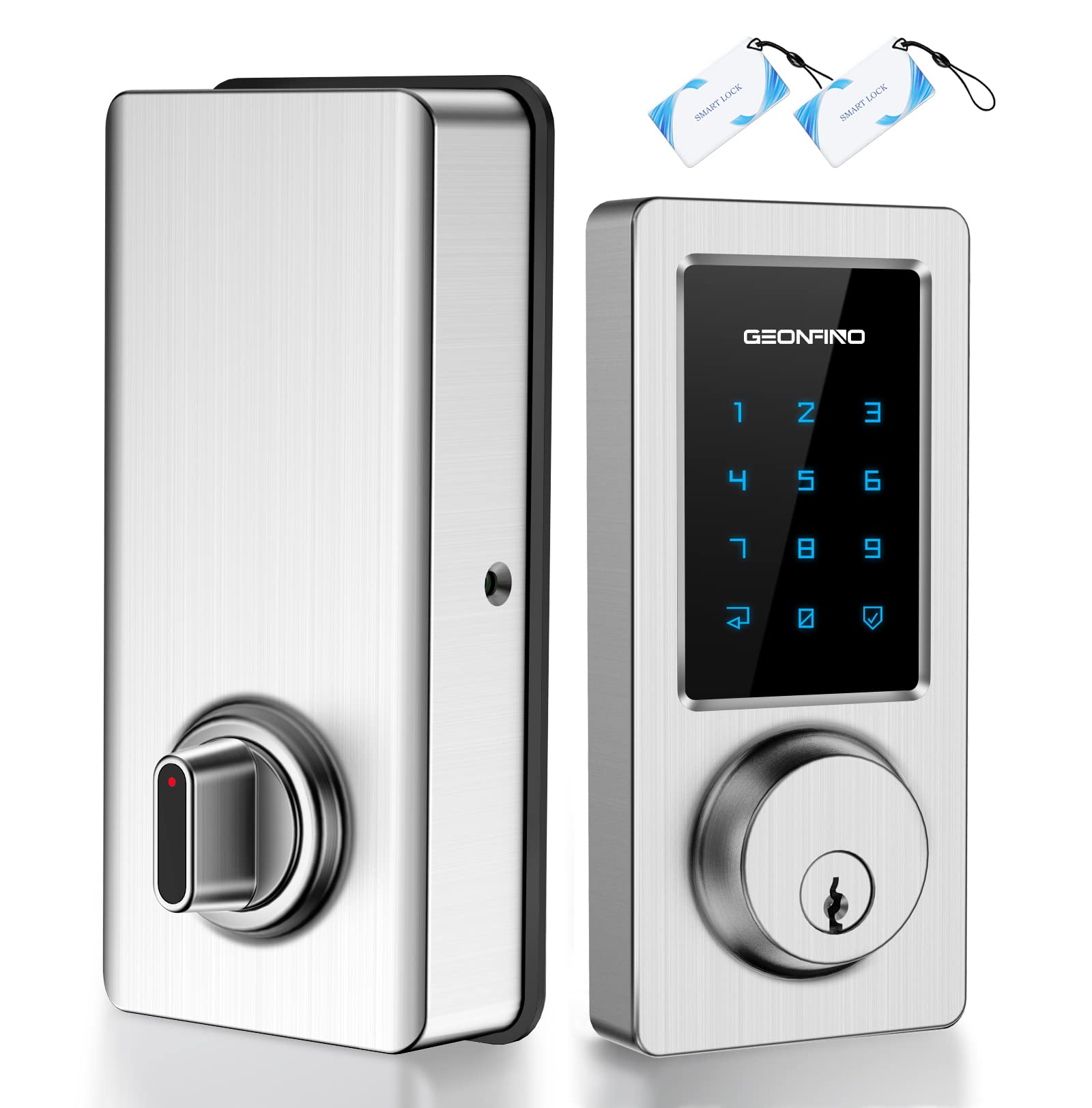 Geonfino Keyless Entry Door Lock, Smart Deadbolt Lock With Bluetooth App, Electronic Keypad, Ic Card, Spare Keys, Security Waterproof Smart Lock Easy Install Usb Ideal For Home Use, Office, Hotel.(Sliver)