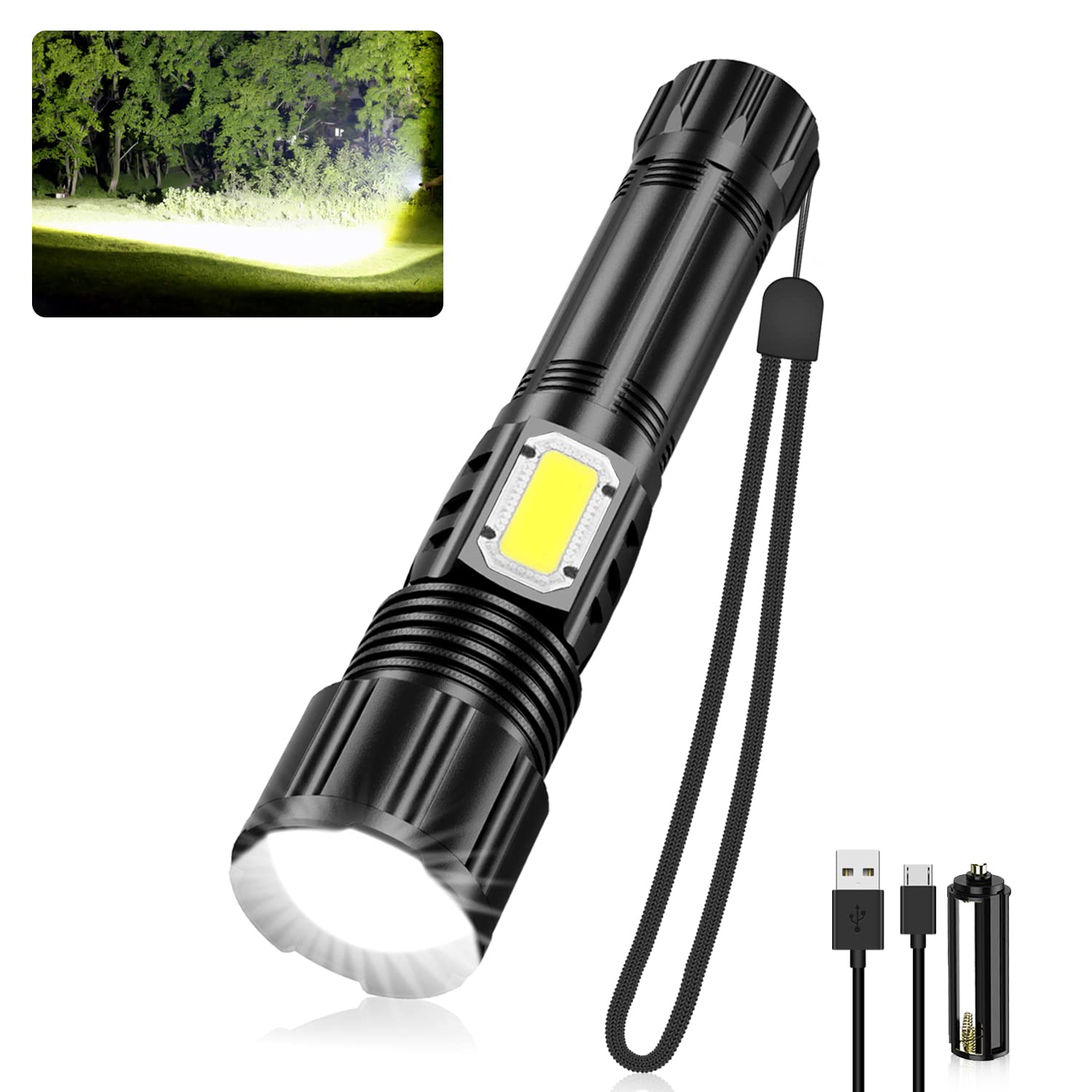 Netcan Small Powerful Flashlight, Usb Rechargeable High Lumens Waterproof Led Flashlights With Xhp50.2 Led Chip, Cob Sidelight And Batteries Case