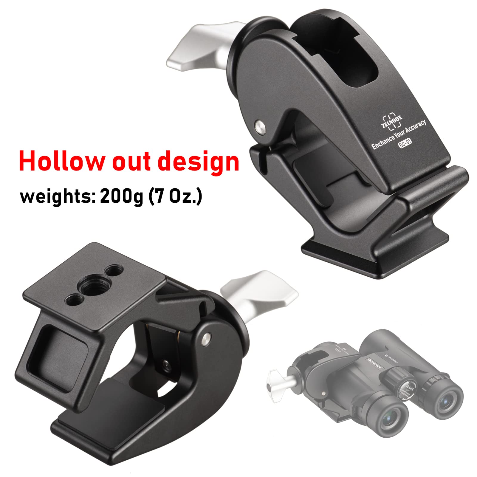 Zelnoox Clamp Binocular Tripod Adapter – Arca Quick Release Dovetail 1/4"-20 & 3/8"-16 Screw Holes Fits 26-58Mm Binoculars