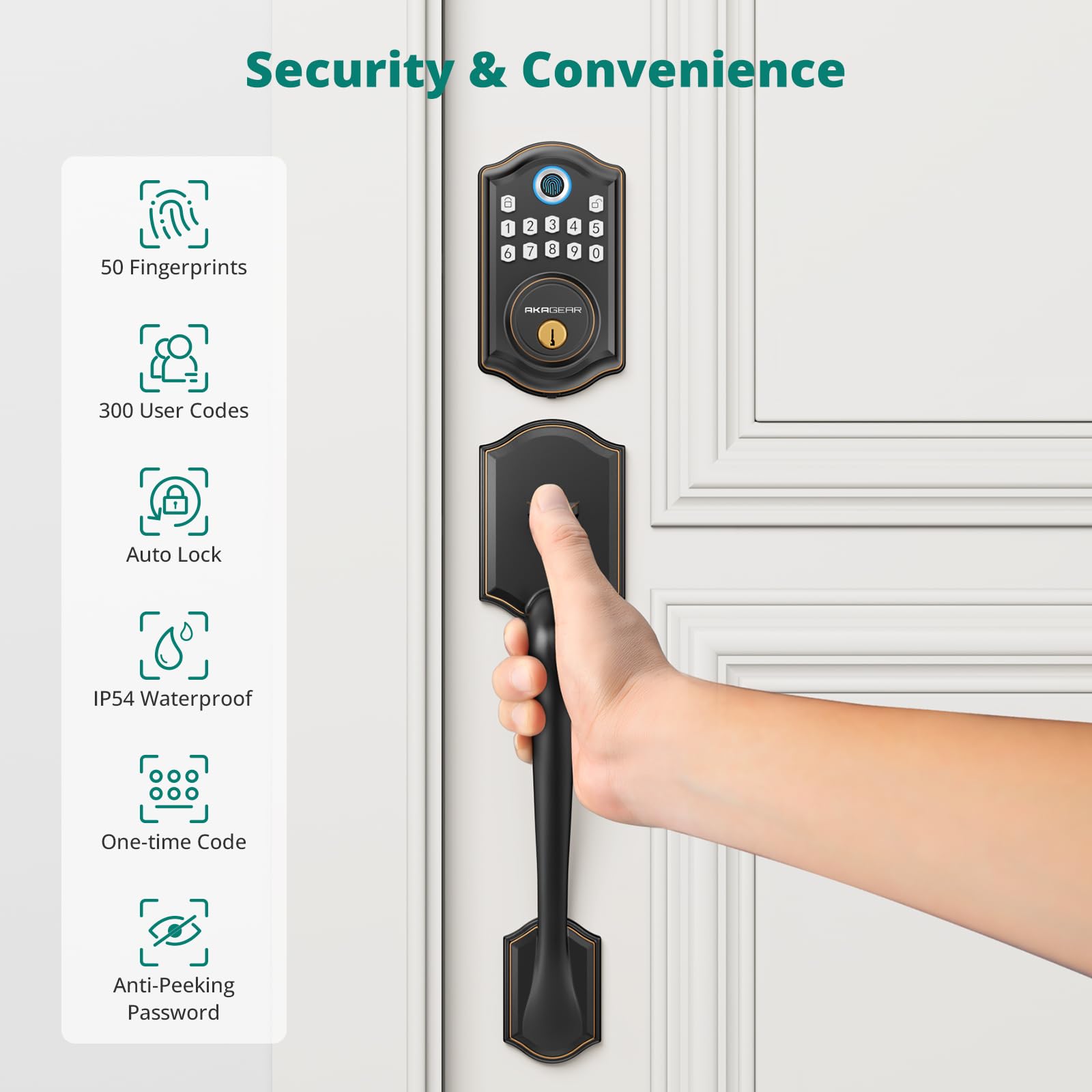 Akagear Ds10 Pro Keyless Entry Door Lock With Handle Set, Smart Front Door Locks Set, Electronic Keypad, Fingerprint Deadbolt, Bluetooth App Control, Auto-Lock & One Touch Locking, Oil Rubbed Bronze