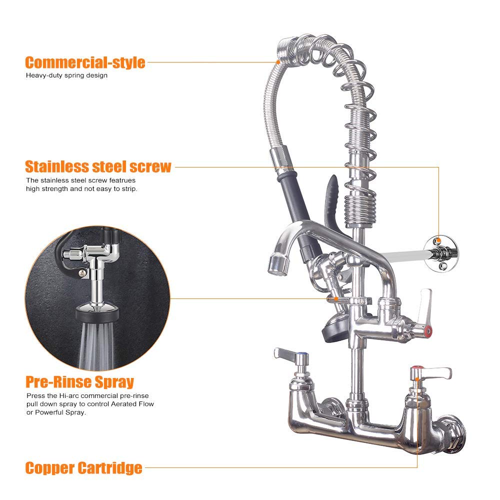 Mstjry Commercial Faucet With Sprayer 20" Height, 8" Center Commercial Faucet With 8" Spout Wall Mount Kitchen Sink Faucet Pre Rinse Faucet,For 1/2 Compartment Sink (Polished Chrome,Brass)