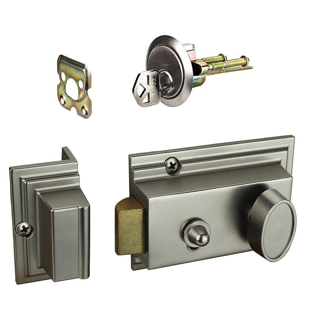 Defiant Satin Nickel Deadbolt Lock With Night Latch, Holdback Button Single Cylinder Rim And Two Keys - Heavy Duty Defender Security Door Lock Hardware