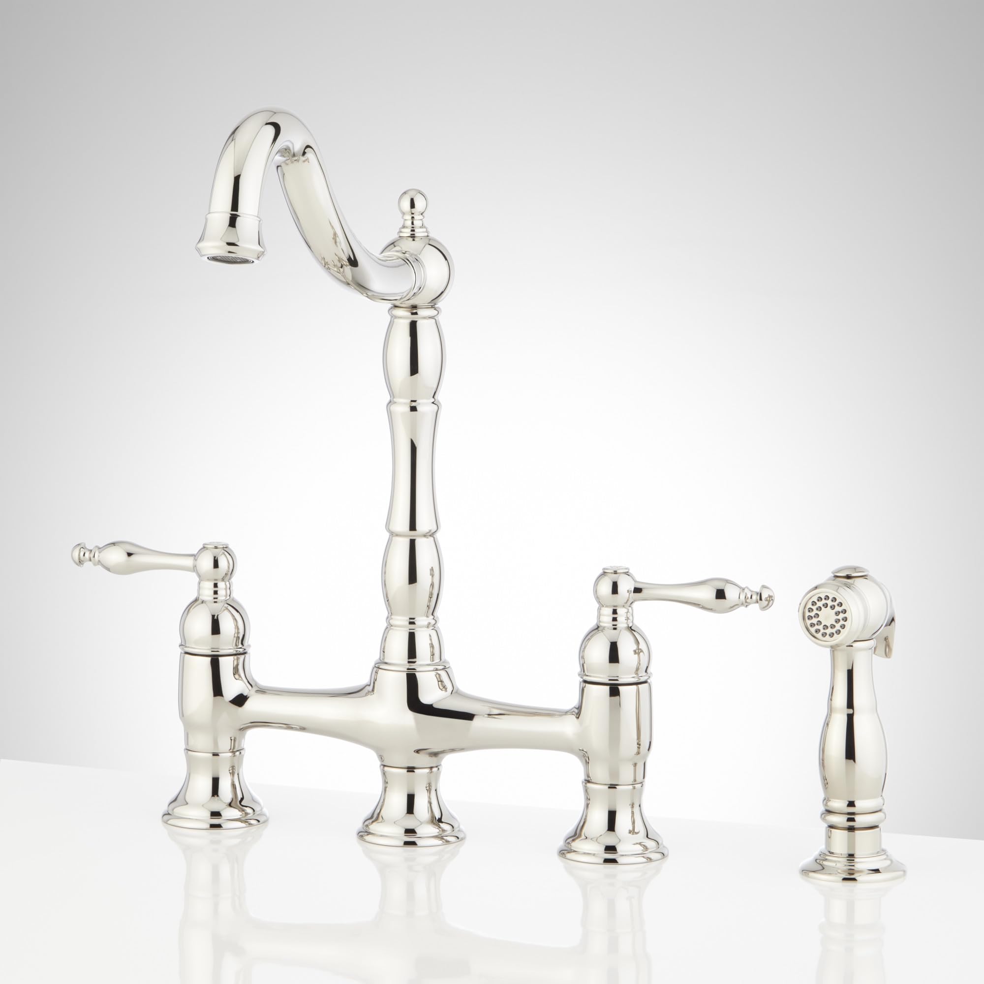 Signature Hardware 954037 Delacour 1.75 Gpm Double Handle Bridge Kitchen Faucet With Side Spray - Polished Nickel