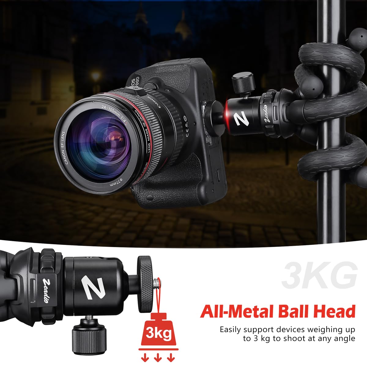 Zeadio Flexible Camera Tripod Kits, With Metal Ball Head Mount, Fits For All Iphone And Android Smartphones Sport Camera