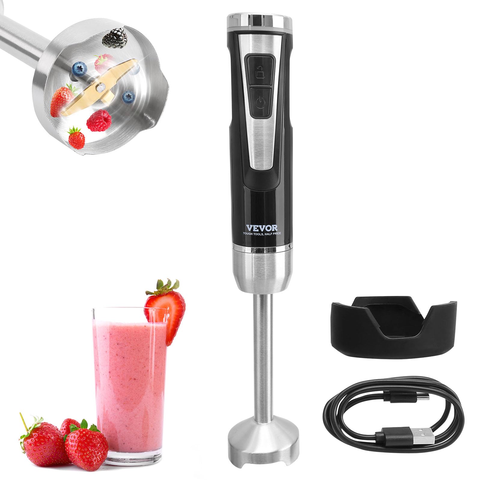 Vevor Hand Blender, 8 Variable Speeds Immersion Blender, Stainless Steel Blade Copper Motor Hand Mixer, Usb Charging Cable Multi-Purpose Easy Control Grip Stick Mixer