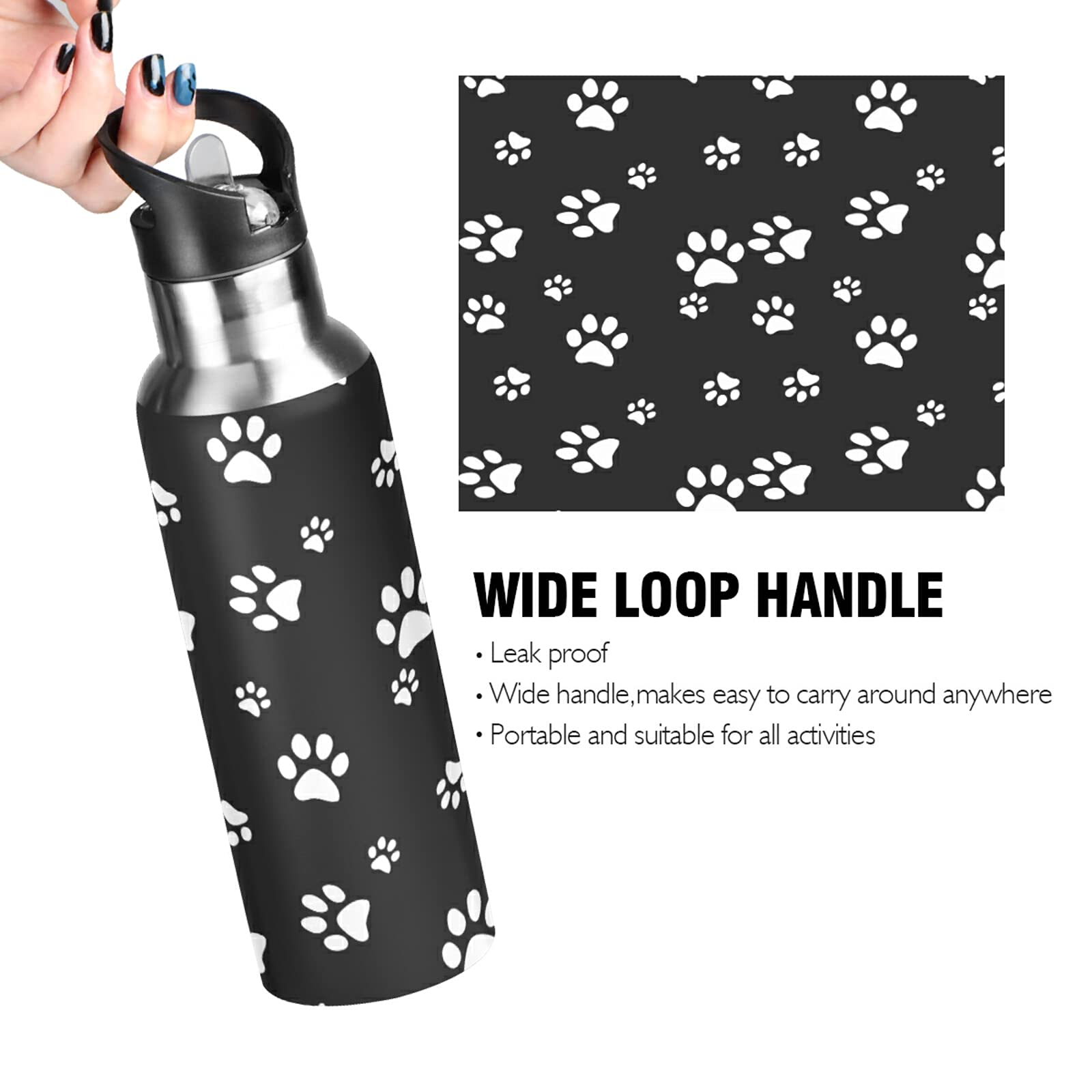 Auuxva Sports Water Bottles Dog Paw Print Black White Vacuum Insulated Stainless Steel Water Bottle