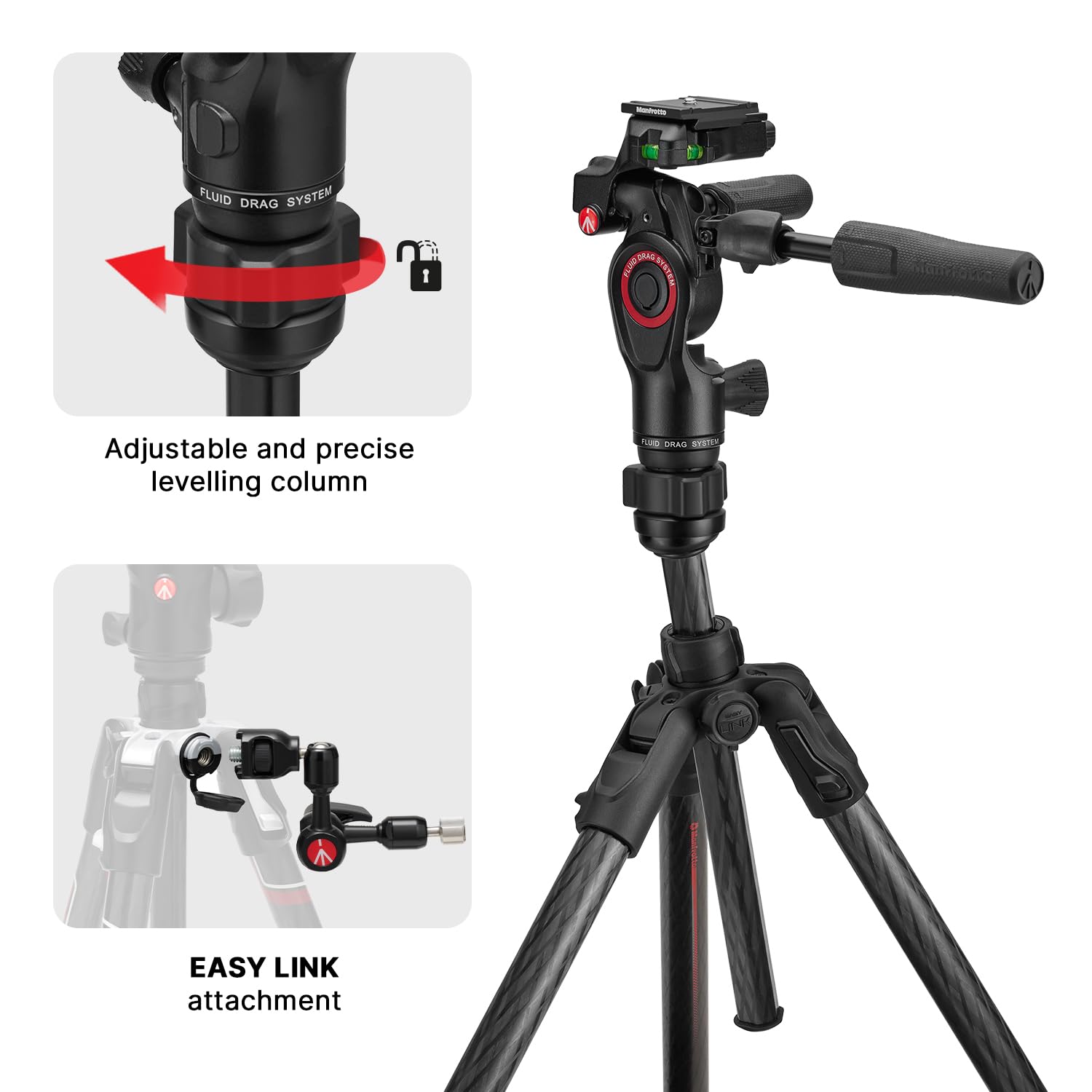 Manfrotto Be Gt Pro 4-Section Carbon Fiber Travel Tripod With 3-Way Pan/Tilt Head, Black