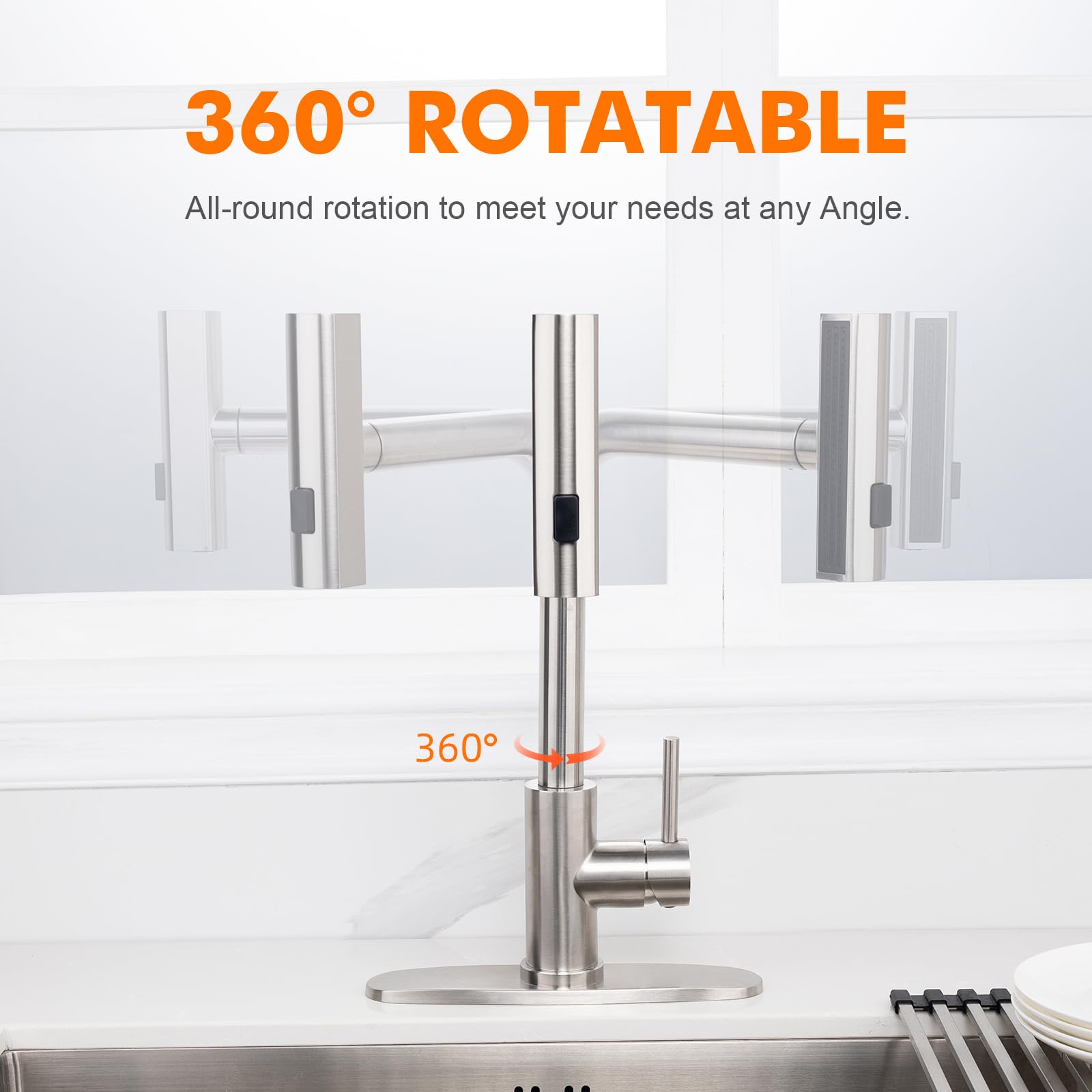 Ibergrif Waterfall Kitchen Faucet With Pull Down Sprayer, Kitchen Sink Faucet 3 Water Outlet Modes, Single Handle, Brushed Nickel, 360° Swivel, Stainless Steel Kitchen Faucets For Rv, Bar, Farmhouse