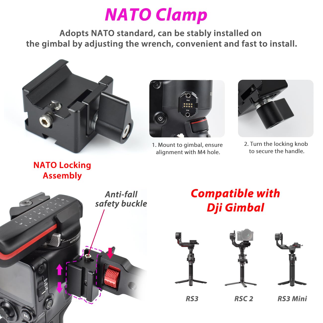 Akeipho Adjustable Nato Briefcase Sling Handle For Dji Ronin Rsc2 / Rs3 / Rs3 Mini, Gimbal Handgrip Extension Grip With Cold Shoe Mount 1/4" 3/8" Holes For Video Light, Microphone, Monitor