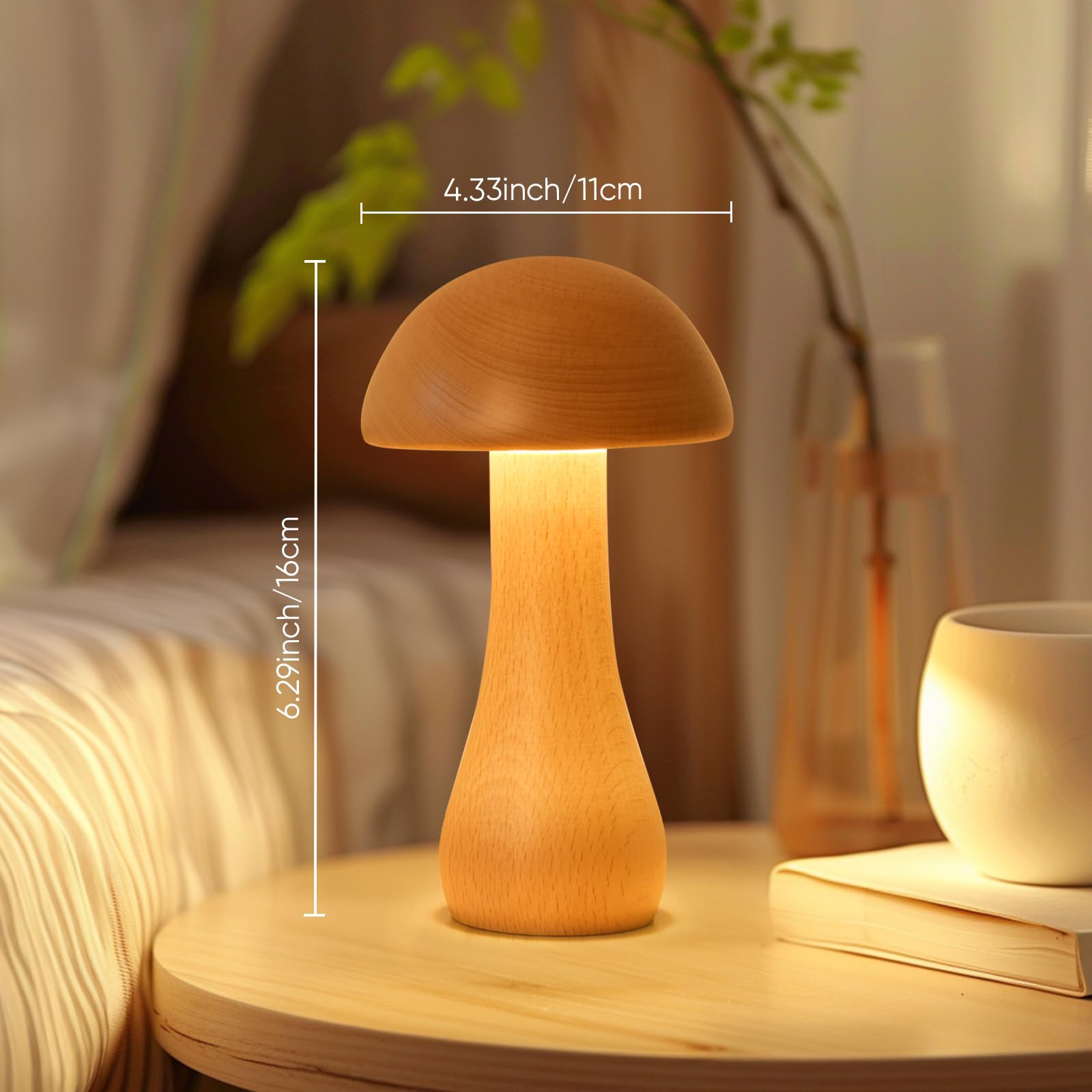 Lonrisway Wooden Mushroom Lamp, Portable Cordless Touch Switch Small Lamp, Rechargeable Battery Operated, Stepless Dimming, 360 Degree Rotation Angle Adjustable Night Light