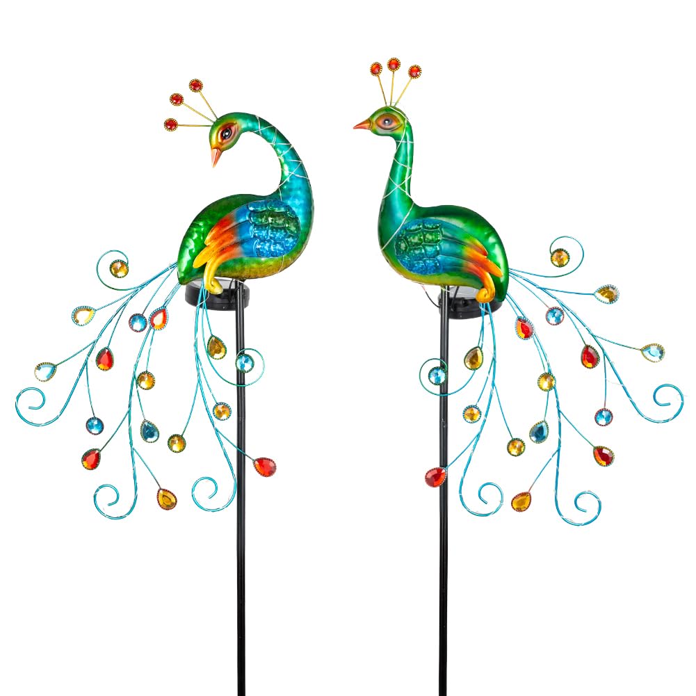 Vewogarden 2 Pack Solar Stake Lights Outdoor Waterproof Metal Peacock Solar Lights For Yard Garden Patio Pathway Walkway, Green