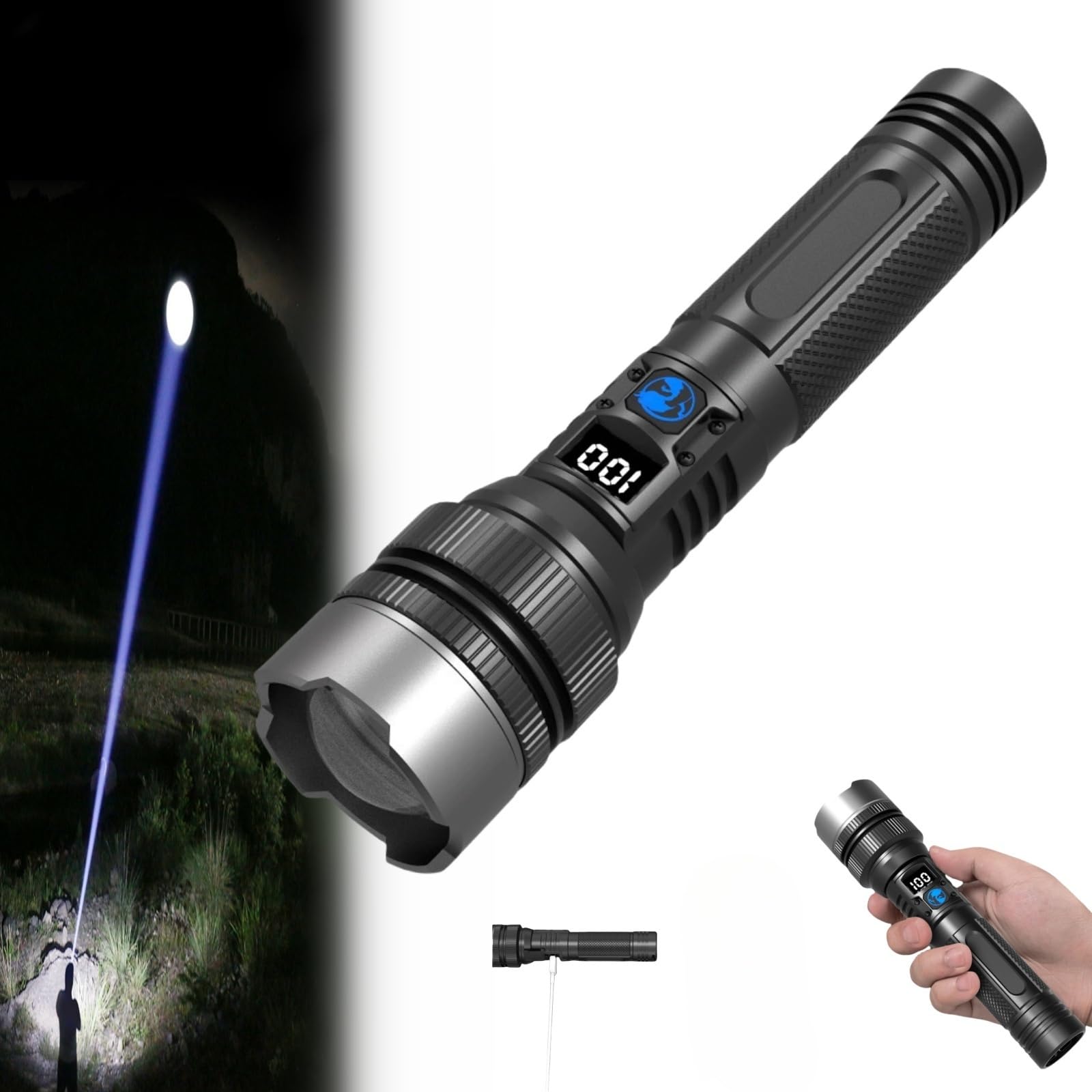 Cohbskj Benighty Flash Light, Ultimate Survival Flashlight, Long Range 5000Ft, Lcd Digital Display, Acting As A Power Bank With 8 Light Modes, Outdoor (1Pcs)