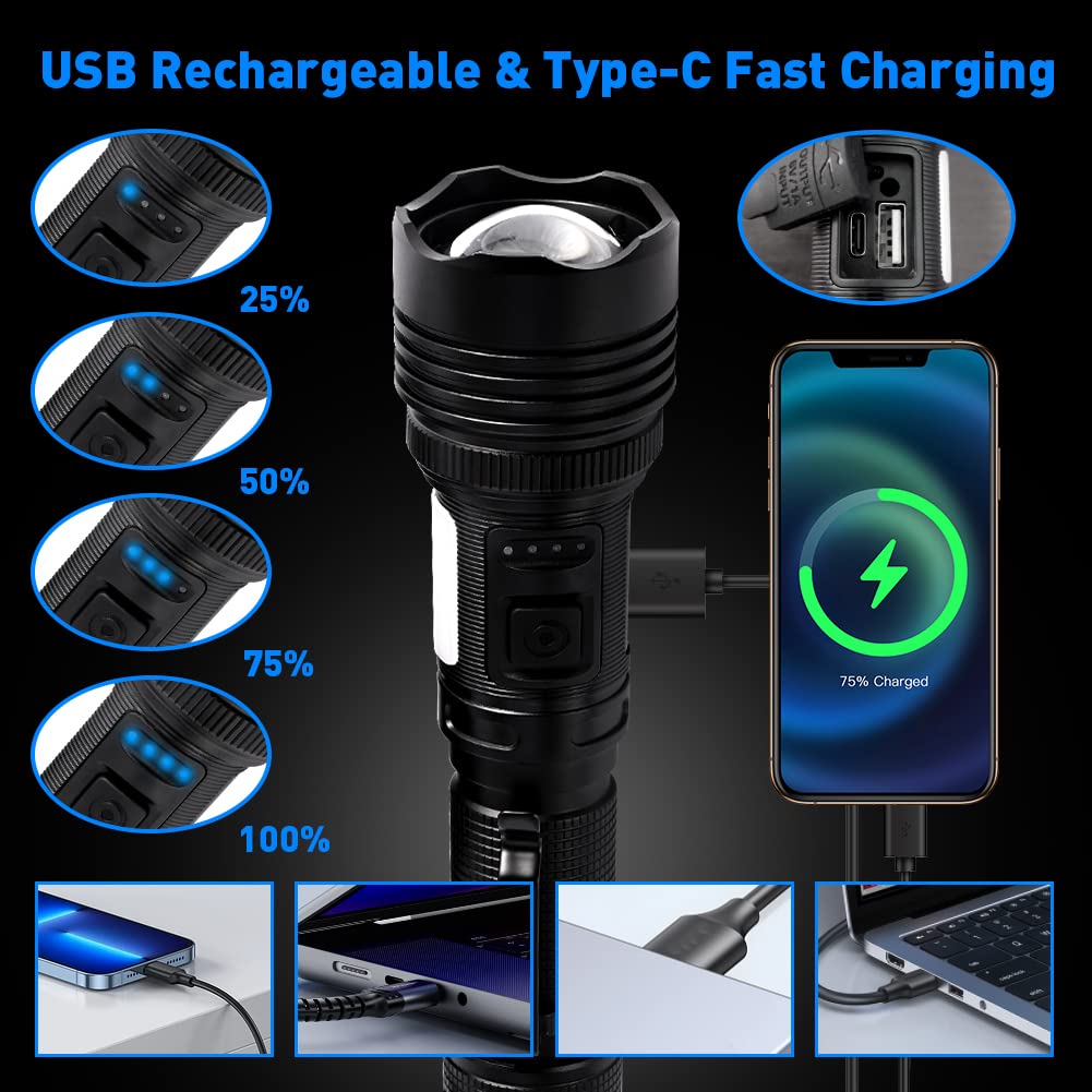 Abnaok Magnetic Rechargeable Led Flashlights, 90000 High Lumens Flashlight, 300W White Led Utility Flashlight With Cob Work Light, Zoomable, 7 Modes, Waterproof Flashlights For Emergencies, Camping