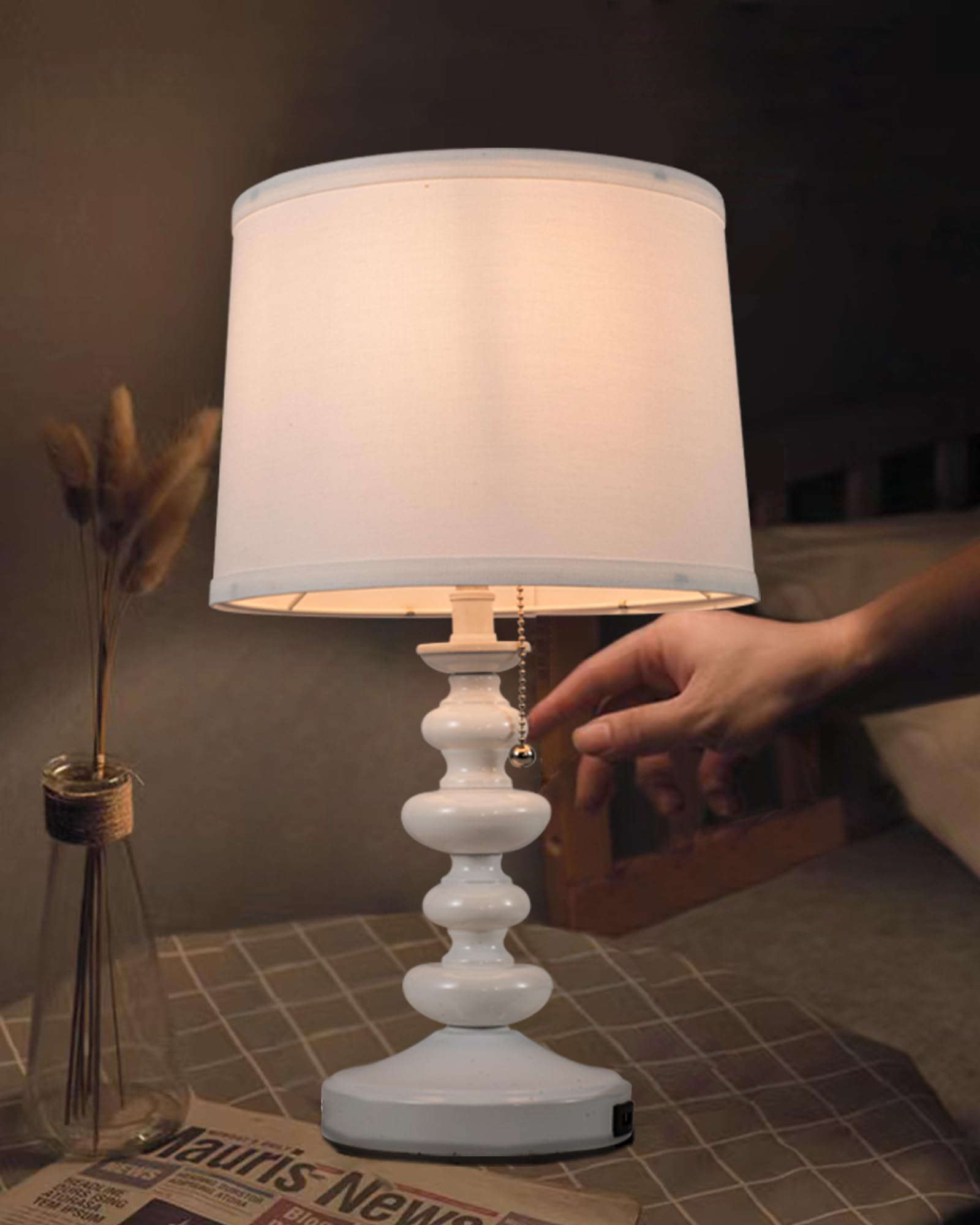 Yorkcare Farmhouse Lamps For Bedrooms Retro Side Pull Chain Table Lamps With Usb, Linen Fabric Shade, Bedside Lamps For Side Nightstand Living Room Included Led Bulb