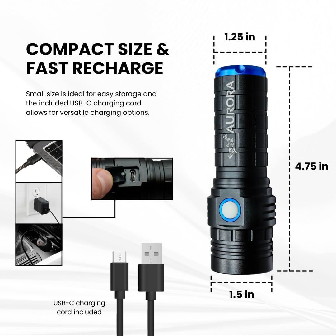 Aurora Fishing Gear High Power Rechargeable Uv 365Nm Flashlight - 30W Output, 3000Mah Battery, Usb-C Charging, Quick-Charging For Glow Fishing Lures