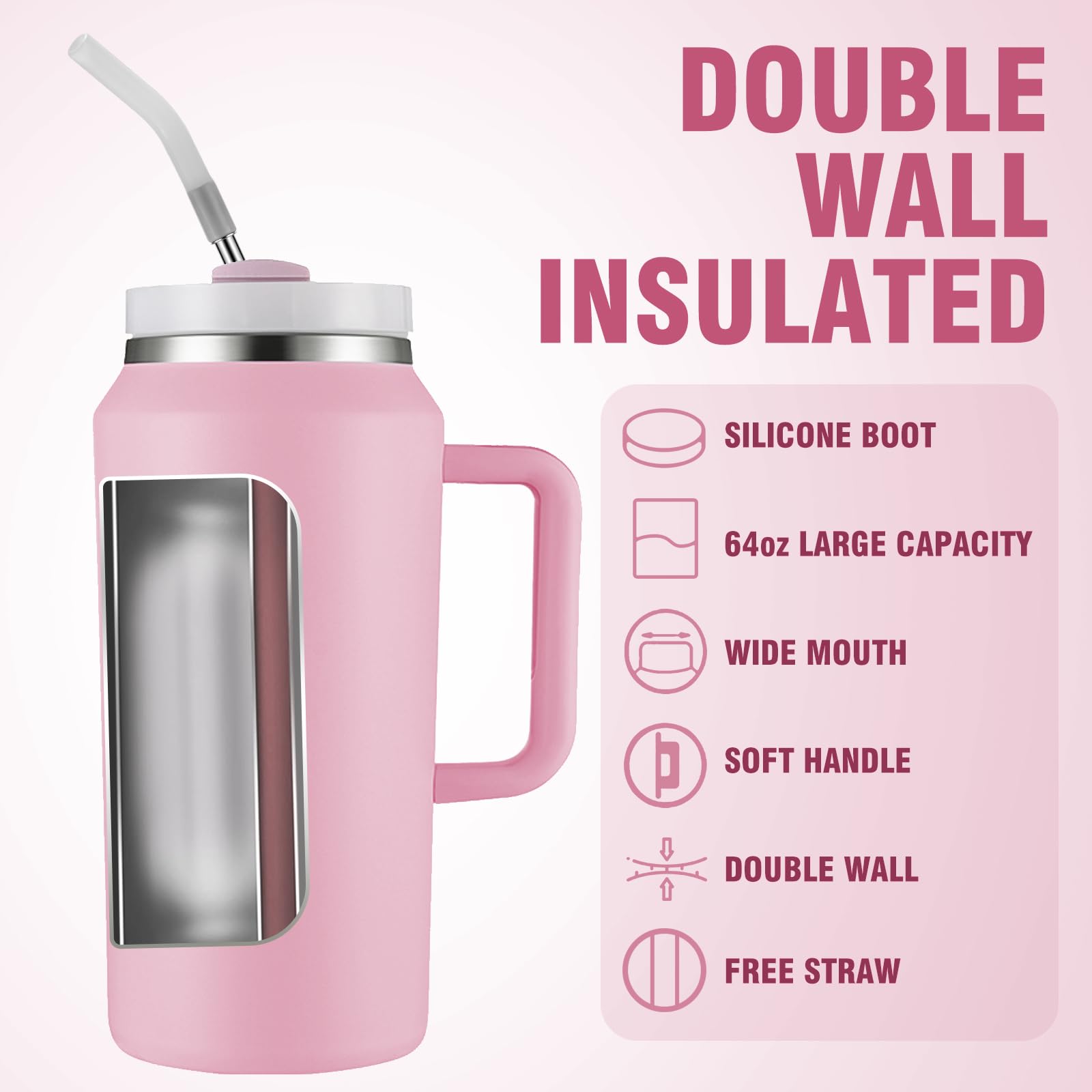 64Oz Insulated Tumbler With Handle, Stainless Steel Double Wall Vacuumn Water Bottle