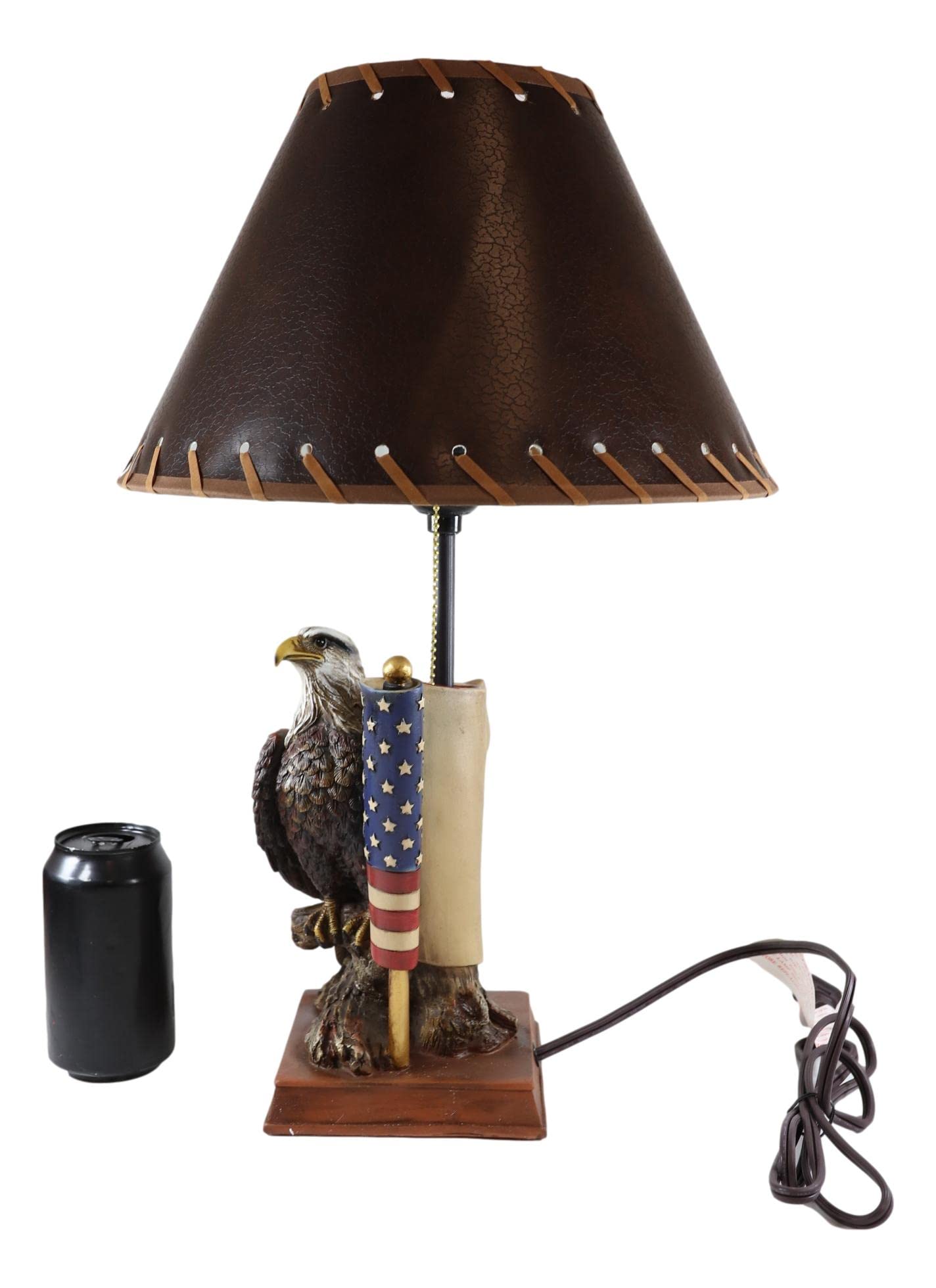Ebros Gift Rustic Patriotic American Emblem Bald Eagle With Star Spangled Banner Flag Memorial Desktop Side Table Lamp With Brown Faux Leather Laced Shade Land Of The Brave And