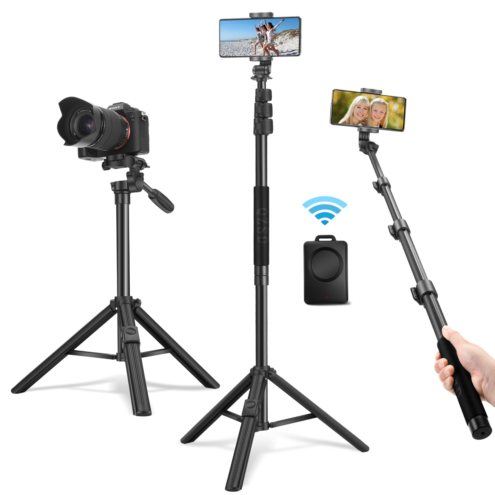 Qzsd 64" Phone Selfie Stick Tripod - Extendable 3 In 1 Aluminum Cell Phone Tripod Stand With Wireless Remote, Lightweight Phone Holder, Portable Travel Tripod For Phone Camera
