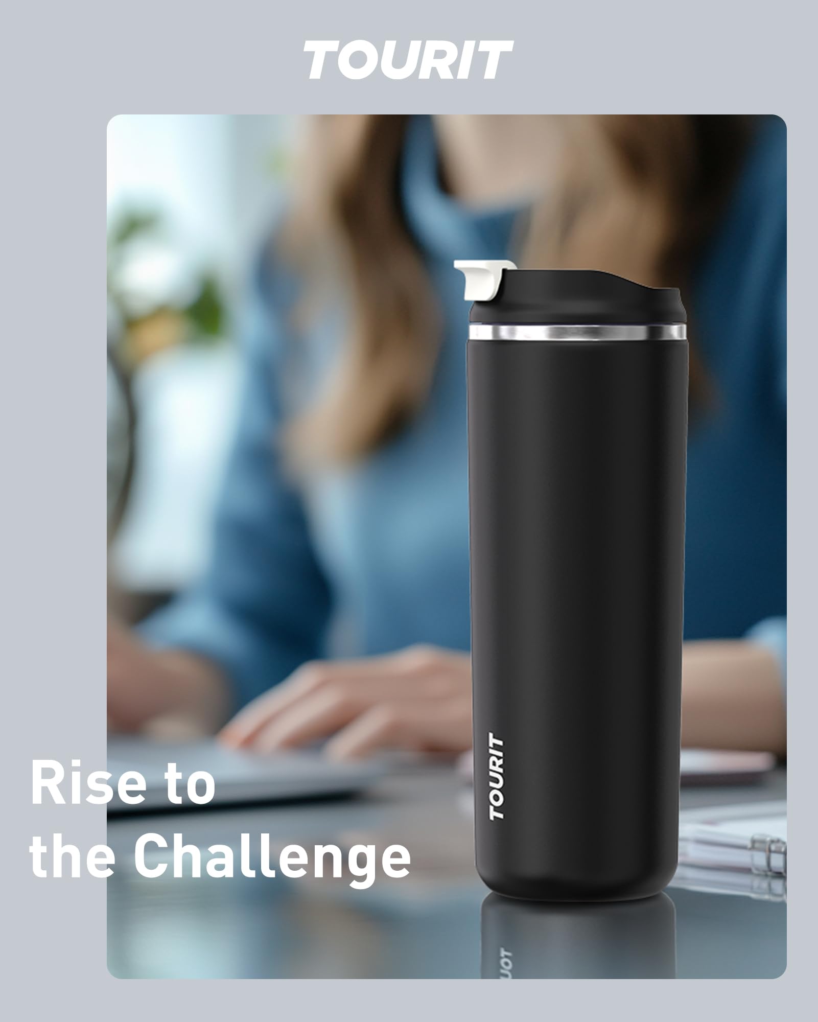 Tourit 16 Oz Insulated Stainless Steel Travel Mug With Lid, Leak-Proof Double-Wall Vacuum Tumbler