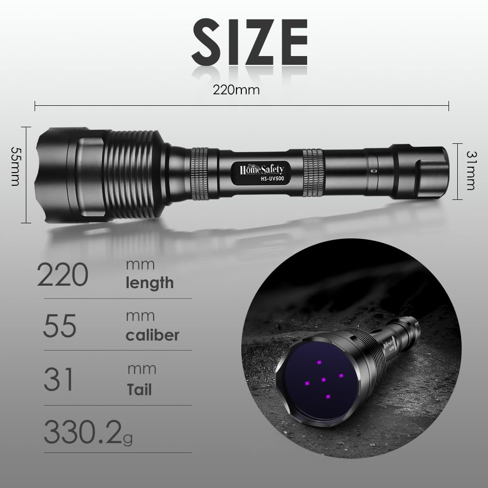 Home Safety Black Light Uv Flashlight, 5Leds Uv Light 50W Powerful Blacklight Torch Professional Grade Beam For Pet Urine Finding & Mineral, Antique Detection, Scorpion Search,Commercial Use (Uv500_365Nm)