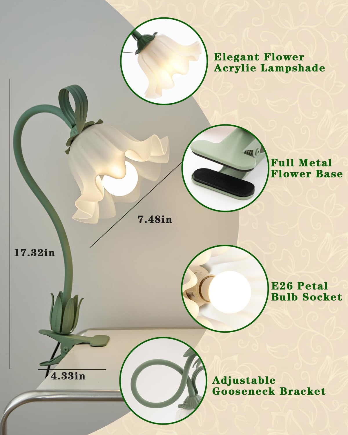 Werfop Flower Lamp Clip On Light, 3 Color Modes Eye-Caring Desk Lamp With Clamp For Bedside, Cute Gooseneck Reading Table Clamp Lamps For Home Office Bedroom Living Room (Green)