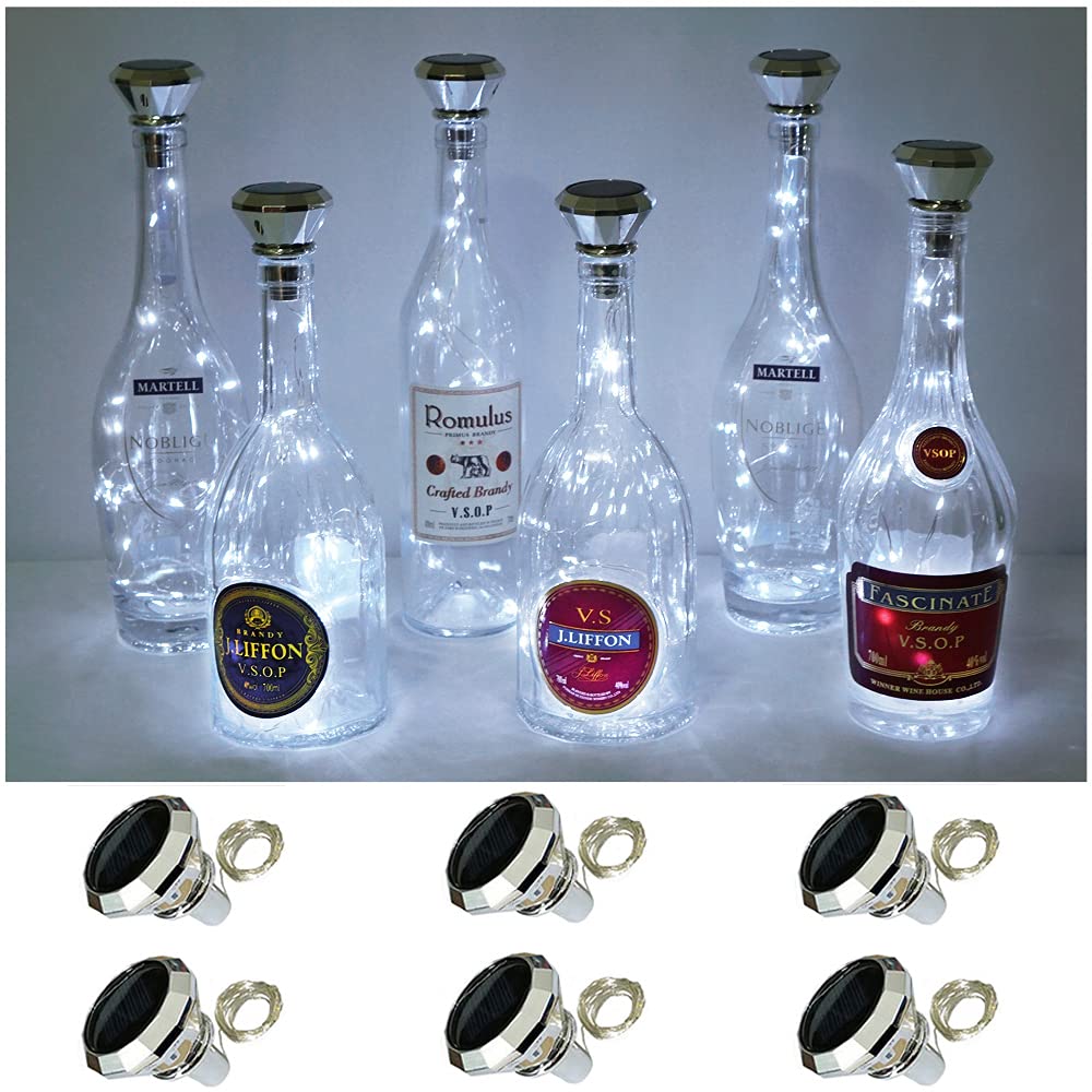Cynzia Solar Wine Bottle Lights, 6 Pack 20Led Solar Powered Diamond Cork Lights, Waterproof Outdoor Fairy String Light For Garden, Patio, Party, Wedding, Holiday Decor (Cold White)