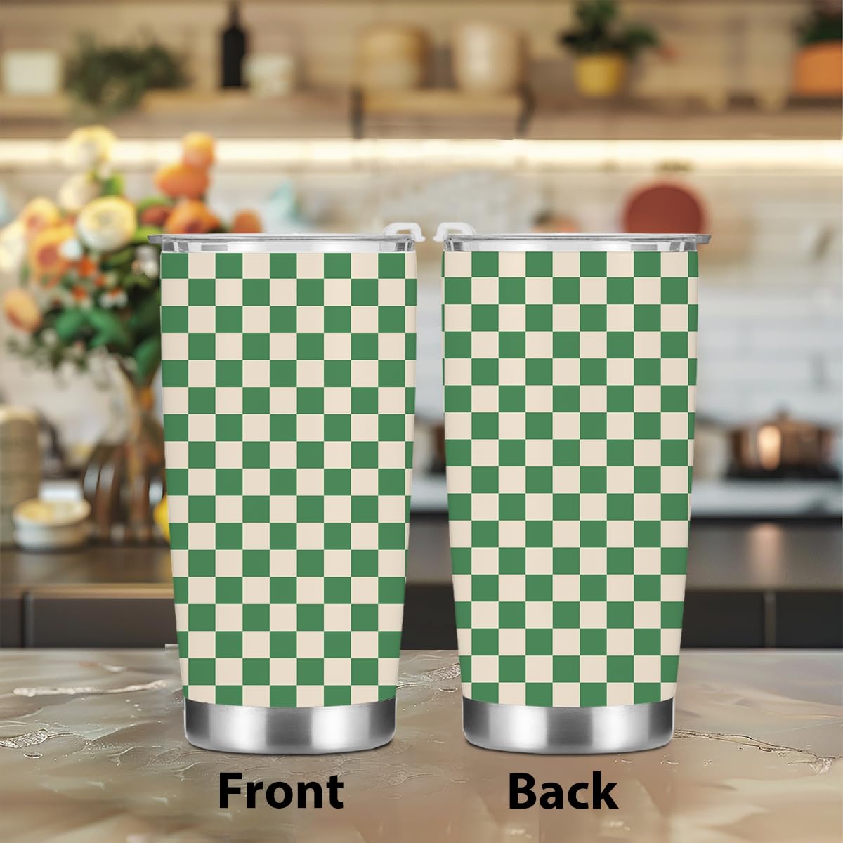 Vintage Green Checkered Tumbler Plaid Coffee Mug Insulated Stainless Steel Thermal Cup With Lid