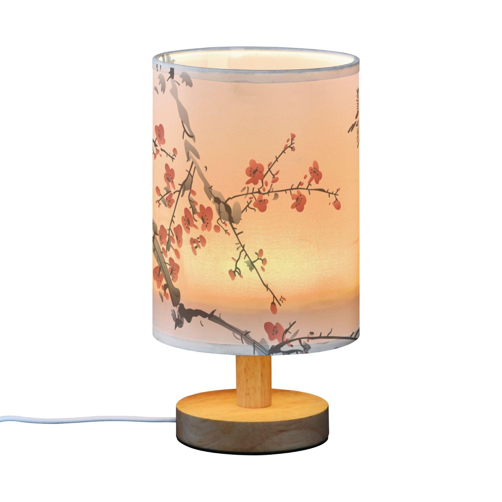 Oarencol Bedside Table Lamp Japanese Cherry Blossom Nightstand Lamp With Wood Wintersweet Bird Vinter Floral Desk Lamps For Bedroom Living Room Nursery Office Home Decor