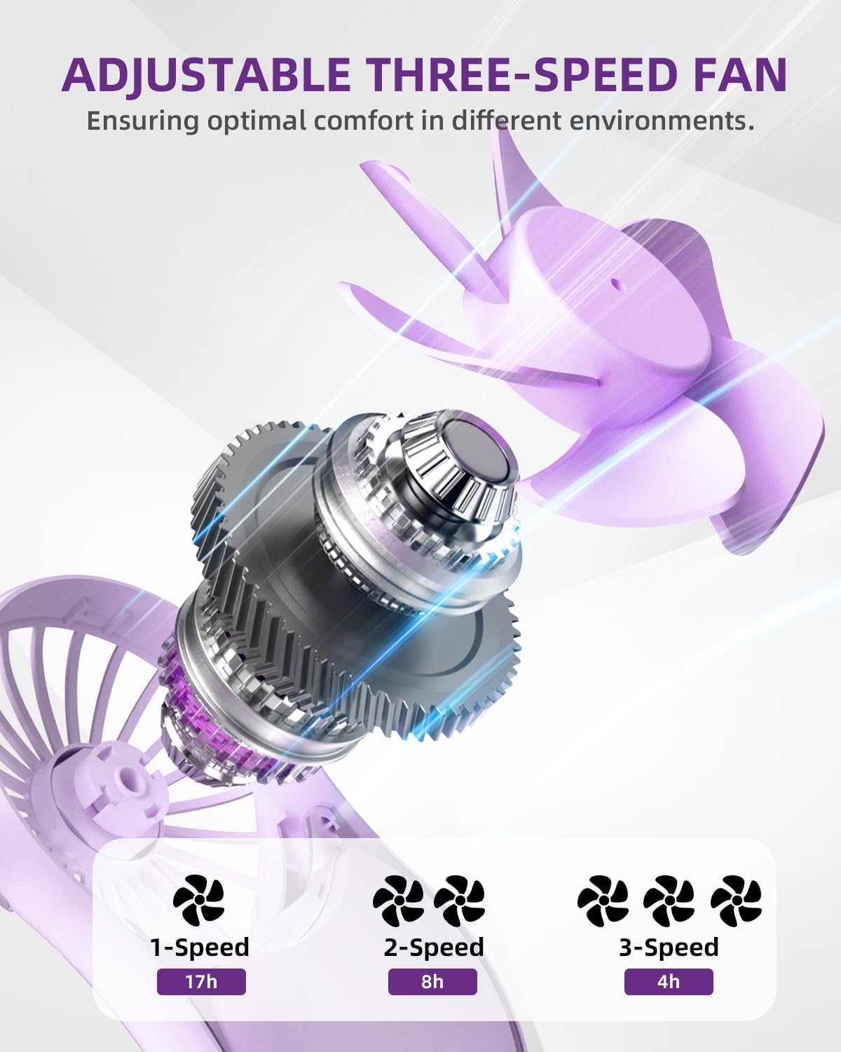 Mini handheld fan with built-in LED ring light and open makeup mirror for dual functionality.