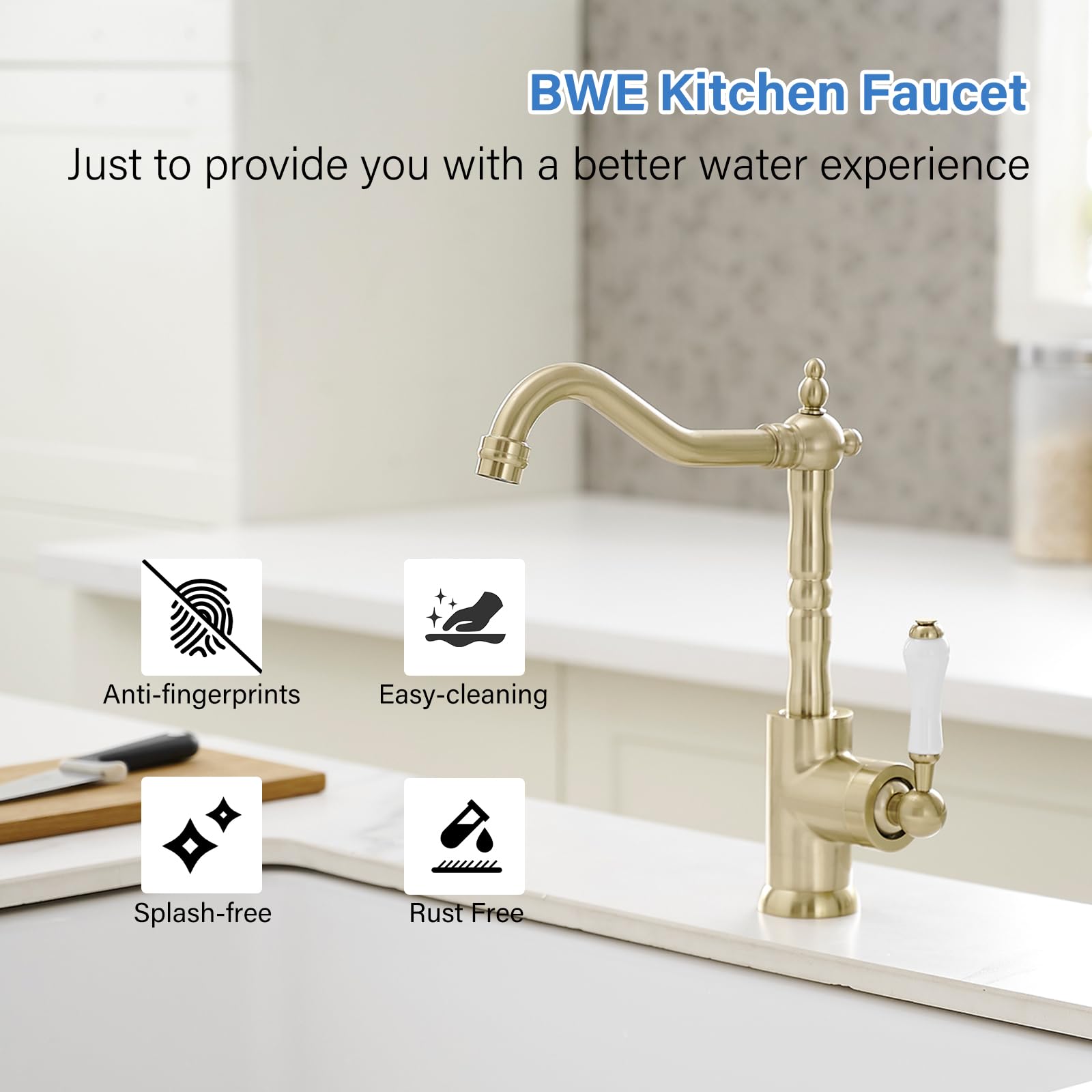 Bwe Brushed Gold Kitchen Sink Faucet Single Handle Bar Faucet For Kitchen Sink With 360° Swivel Spout High Arc Single Hole Wet Bar Faucet Mixer Tap Farmhouse