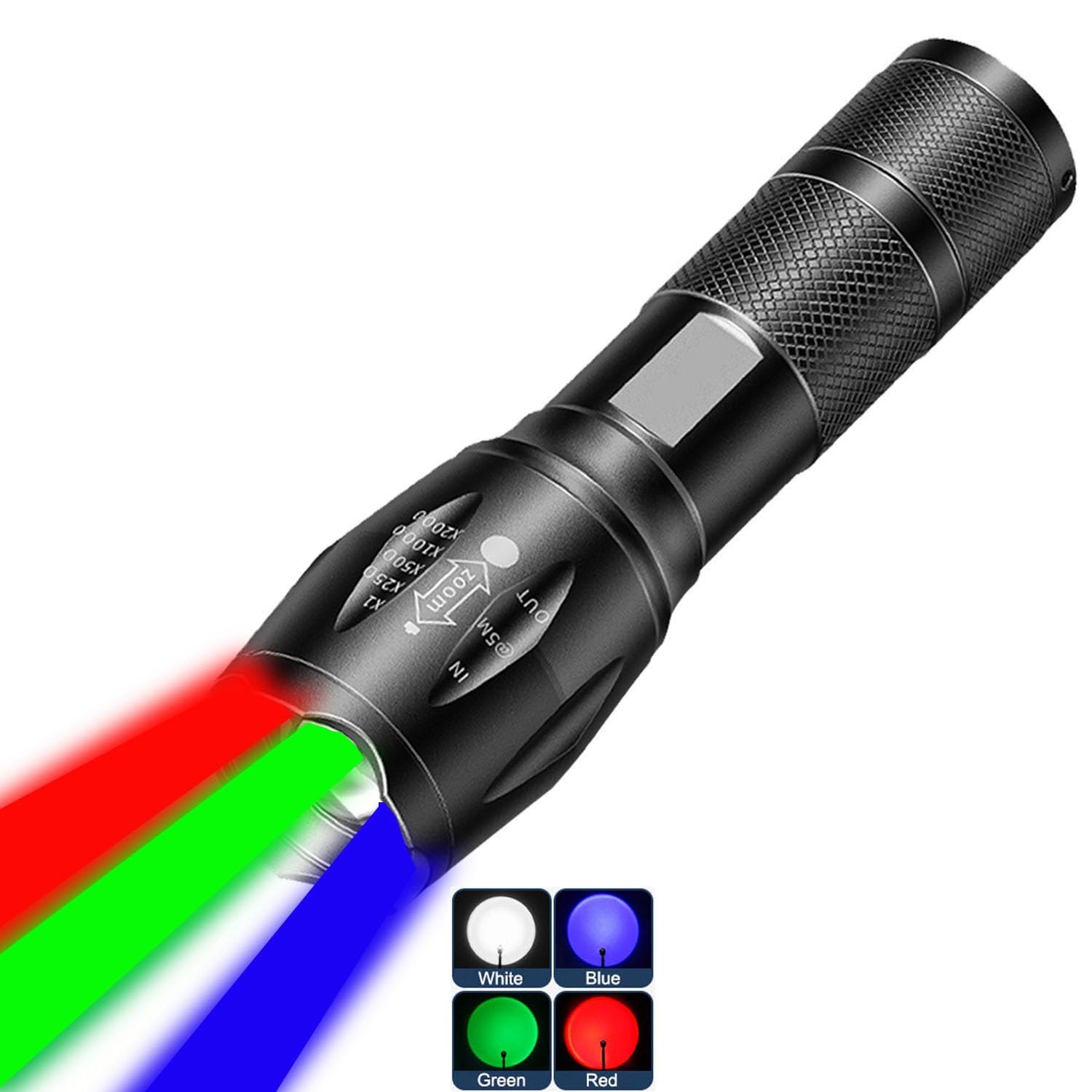 Mviocs 4-In-1 Red Rechargeable Flashlight - Multi-Color Led (White/Red/Blue/Green) Torch With 4 Modes, High Lumens Zoomable Flashlight For Camping, Observation, Emergency & Outdoor Adventures
