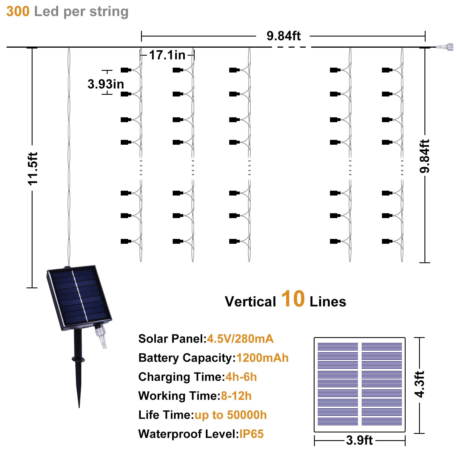 Xinxianlian 300Led Solar Curtain Lights - Outdoor/Indoor Solar String Lights With 8 Modes & Waterproof Design For Home Garden Patent Decoration (Cold White)