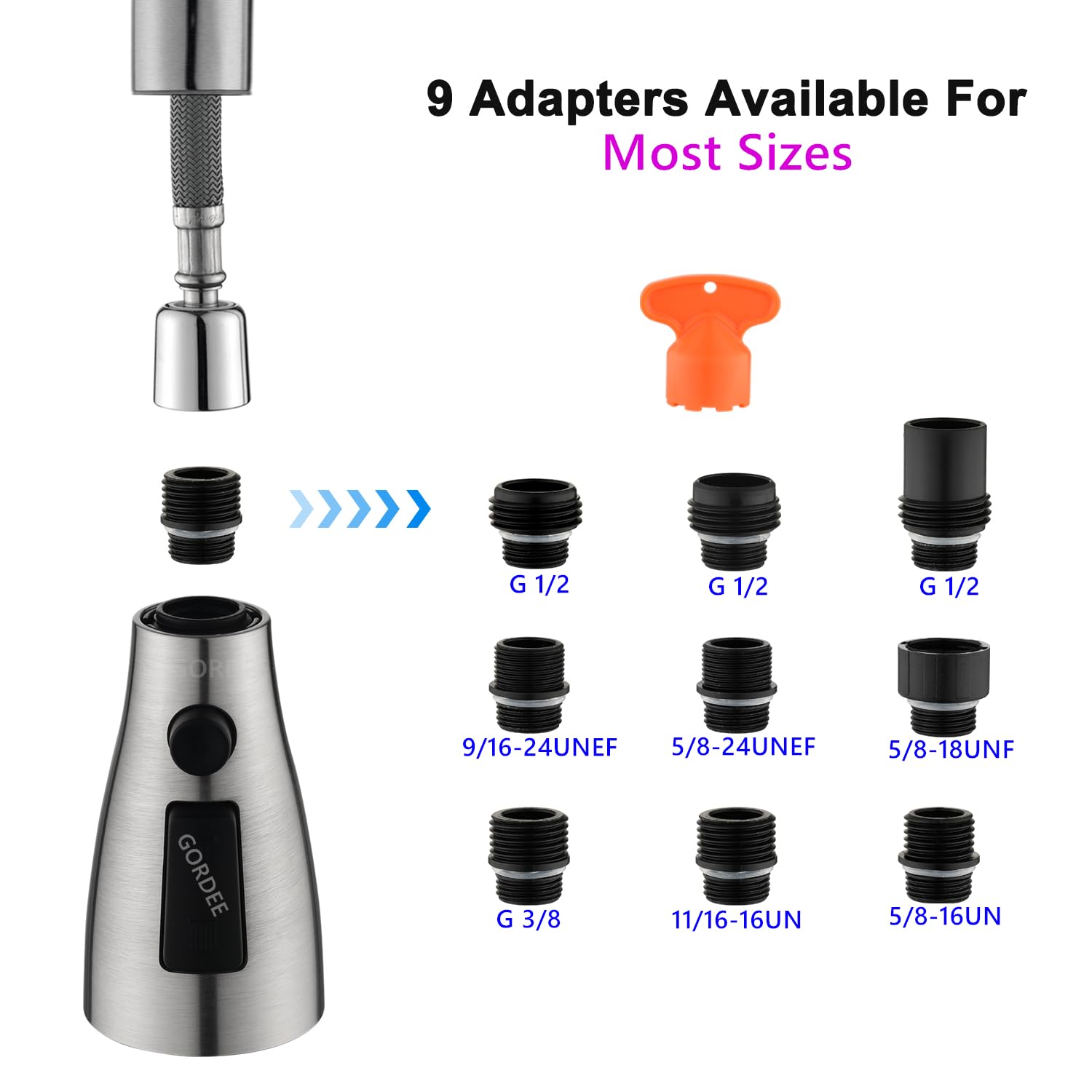 Gordee Kitchen Faucet Sprayer Head Replacement, 3-Function(Stream/Spray/Blade) Sprayer Spout Nozzle W/Check Valve, 1.8 Gpm, 9 Adapters To Fit Most Standards Of Faucets, Brushed Nickel