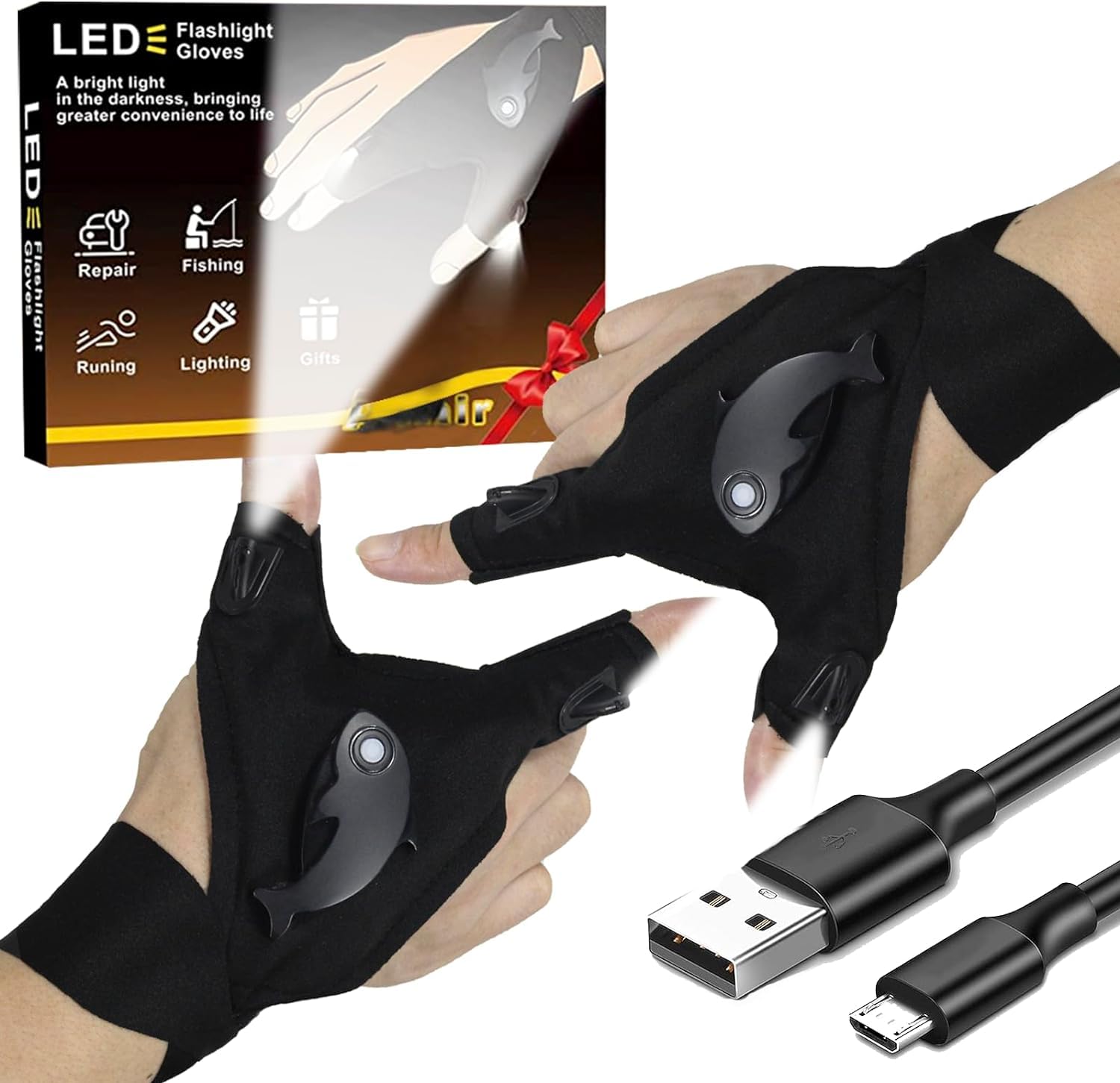 Hikoolss Waterproof Rechargeable Led Flashlight Gloves, Adjustable Strap, One Size Fit All, Black