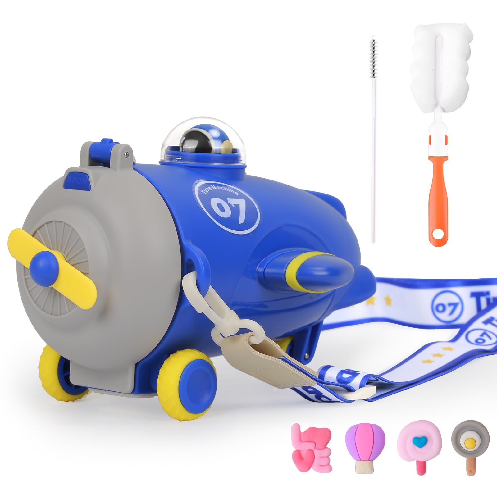 18Oz Plane Kids Water Bottle With Straw Shoulder Strap For Boys, Double Wall Airplane Bottles