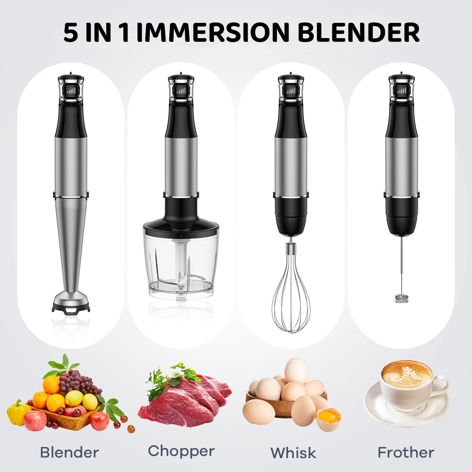 Uniqus 5-In-1 Hand Blender 1000W Immersion Hand Blender Trigger Control Stainless Steel Stick Blender With Chopper, Whisk, Milk Frother Perfect For Soup, Smoothie, Puree, Baby Food