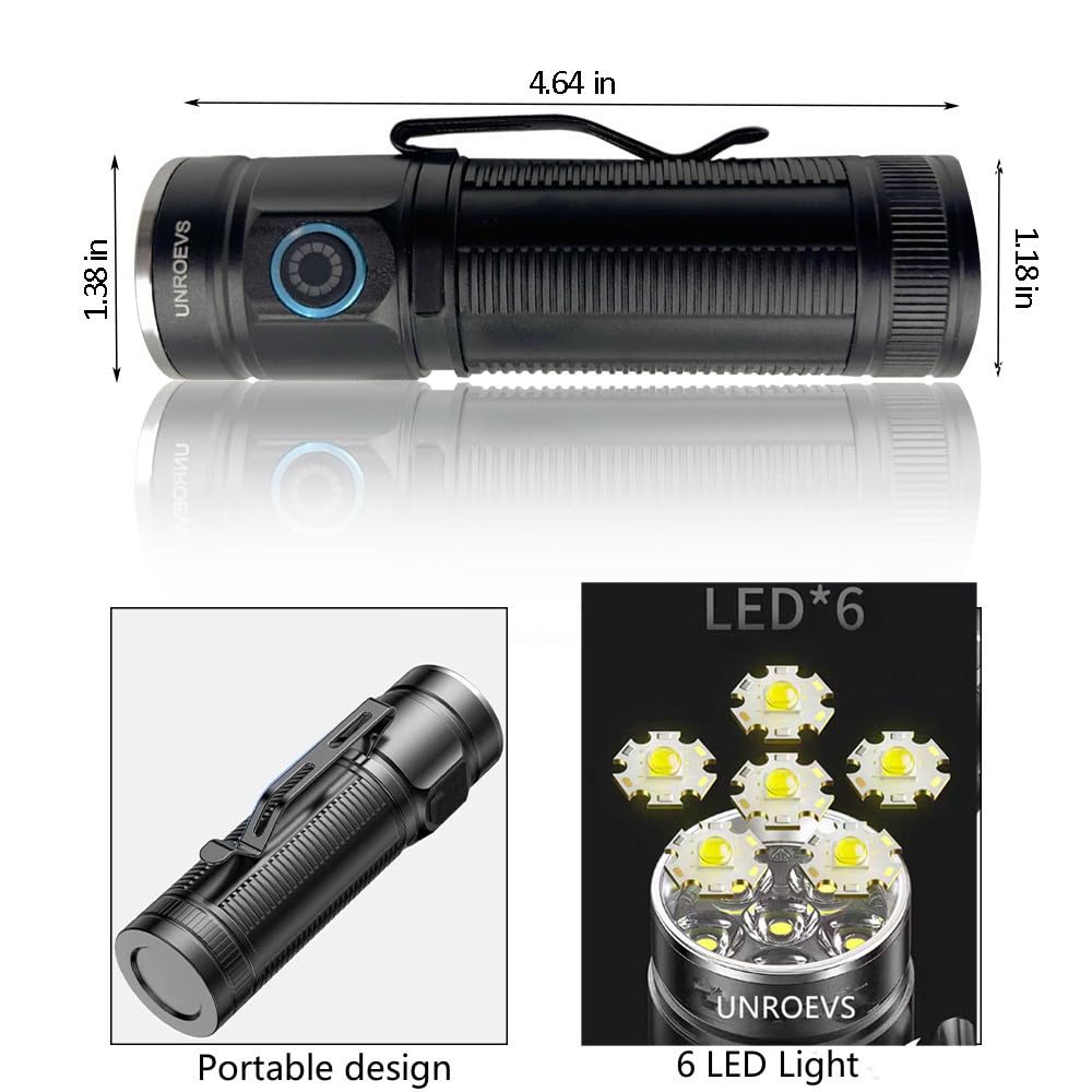 Unroevs Xc03 Pocket Flashlights High Lumens Max 3000 Lumen,Rechargeable Powerful Flashlight With High Powered 6 Pc Led,5-Mode Flash Light,Compact Flashlight For Camping, Emergency.