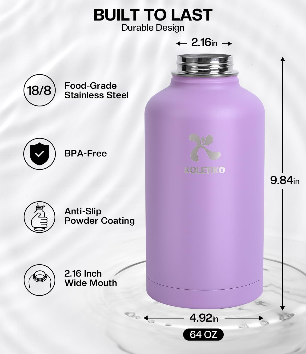 64 Oz Insulated Water Bottle With Straw, Vacuum Cold For 36 Hrs, Non-Bpa & Leak Proof, Half Gallon